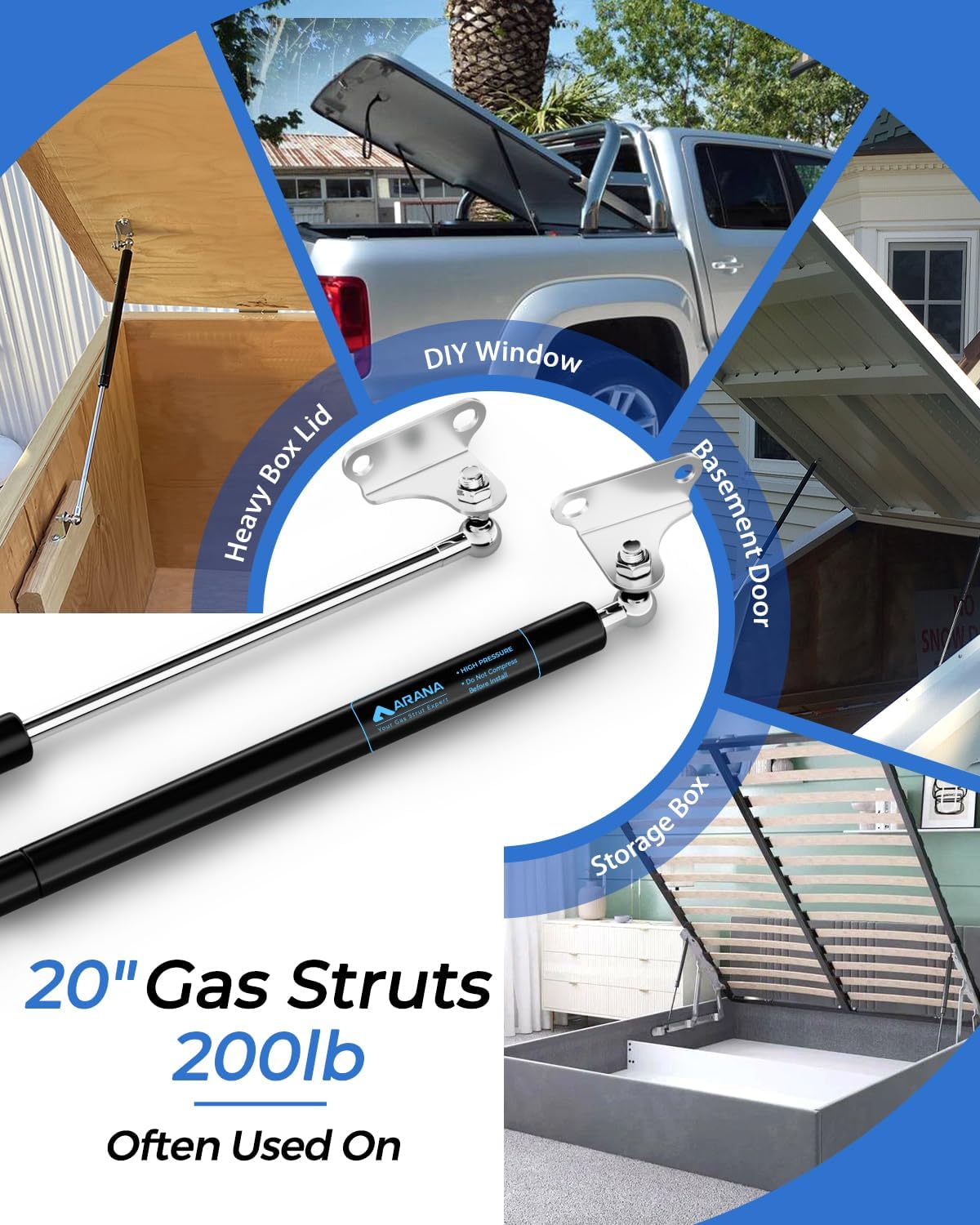 20 inch 200 LB Gas Prop Struts Shocks with L Mounting Brackets, 20" 889 N Lift-Support Gas Spring for Heavy-Duty Floor Hatch Trap Door Murphy Bed, 2Pcs Set