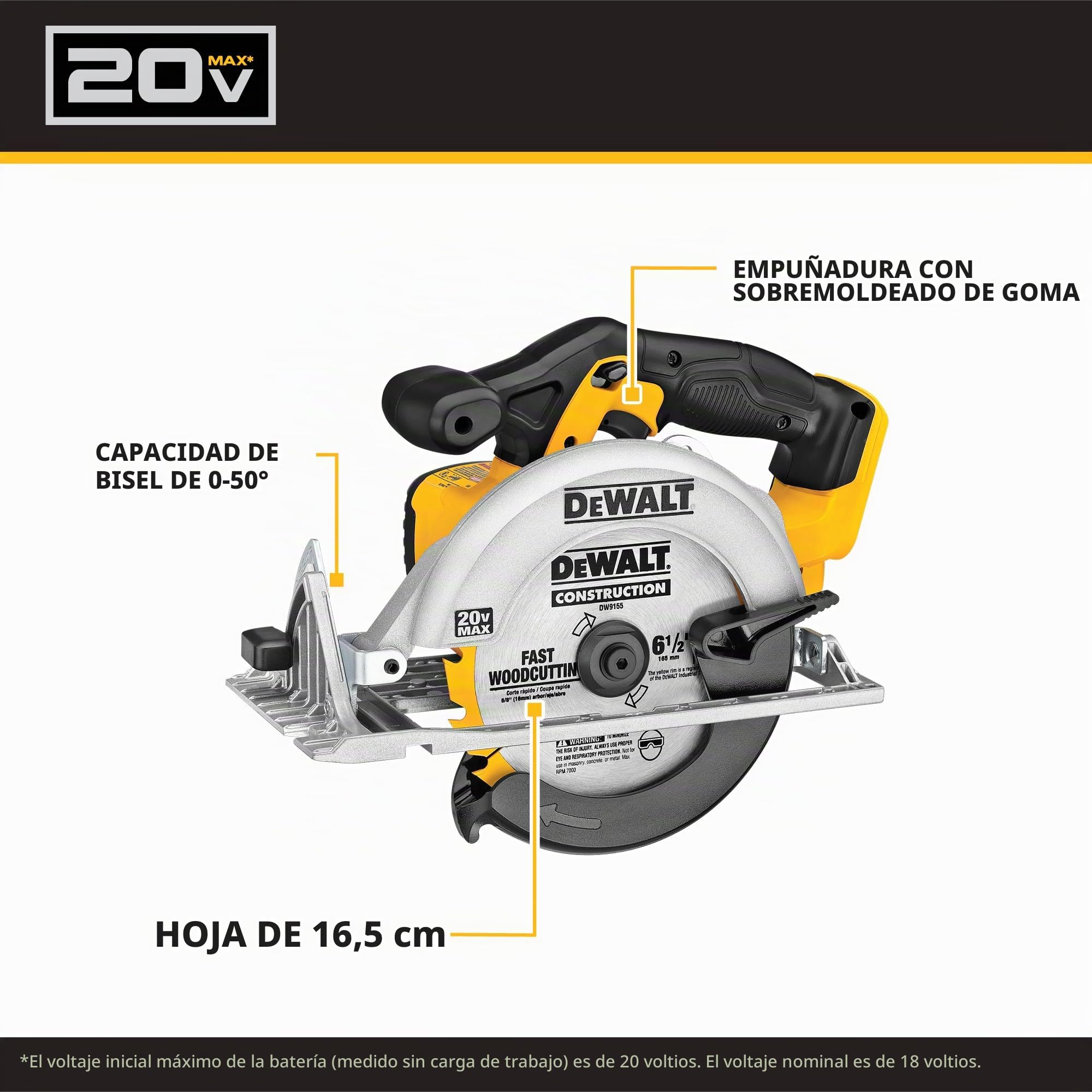 DEWALT Sierra circular de 20 V máximo, hoja de 6-1/2 pulgadas, motor de 460 MWO, capacidad de bisel de 0-50 grados, solo herramienta desnuda (DCS391B)