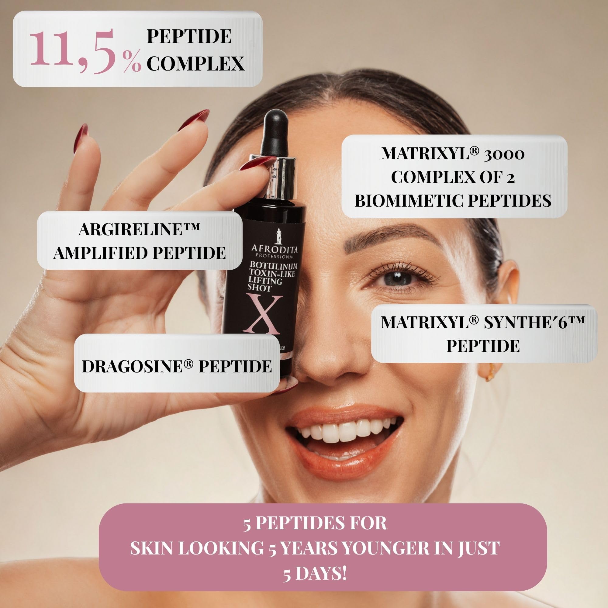 Afrodita Professional Botulinum Toxin-Like X Lifting Shot Peptydowe serum do twarzy przeciw zmarszczkom mimicznym, koncentrat do liftingu dla gładkiej, jędrniejszej skóry, 30 ml