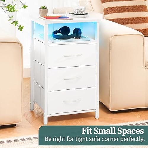 Miniatura 7 de Yoobure Night Stand with Charging Station, 16 Colors LED Nightstand with USB Ports and Outlets, End Table with 3 Fabric Drawers and Storage Shelf,