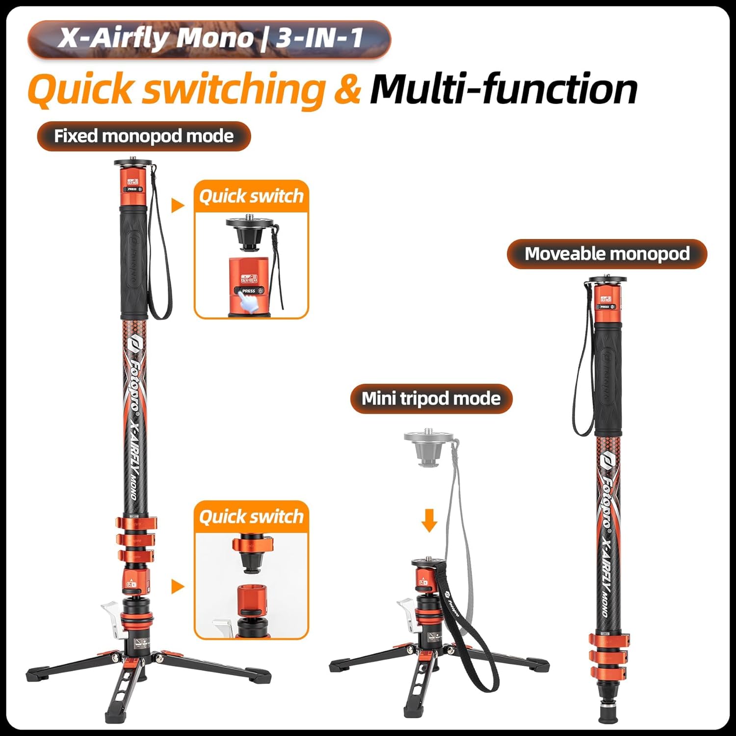 Fotopro Carbon Fiber Monopod 73inch Professional Travel Monopod with Pedal Max Load 22lbs for DSLR Camera X-Airfly Mono Orange