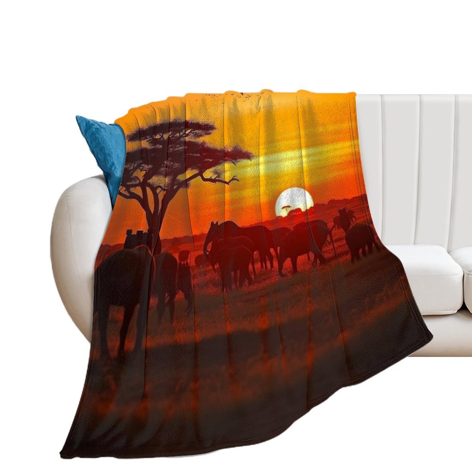 Couverture flanelle coucher de soleil, textile doux et finitions luxe