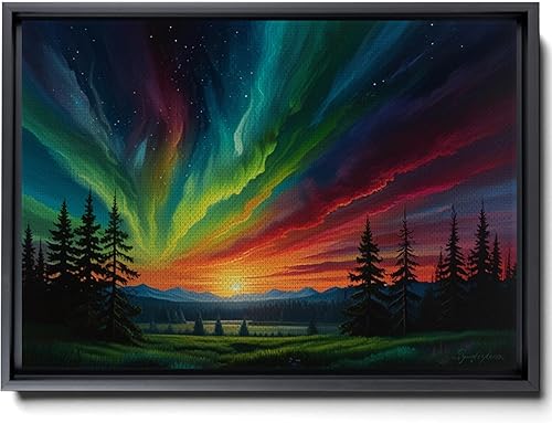 Aurora Borealis, Northern Lights Art, framed canvas print, snow capped mountain landscape art, synthwave vaporwave, Print On Canvas, Decor