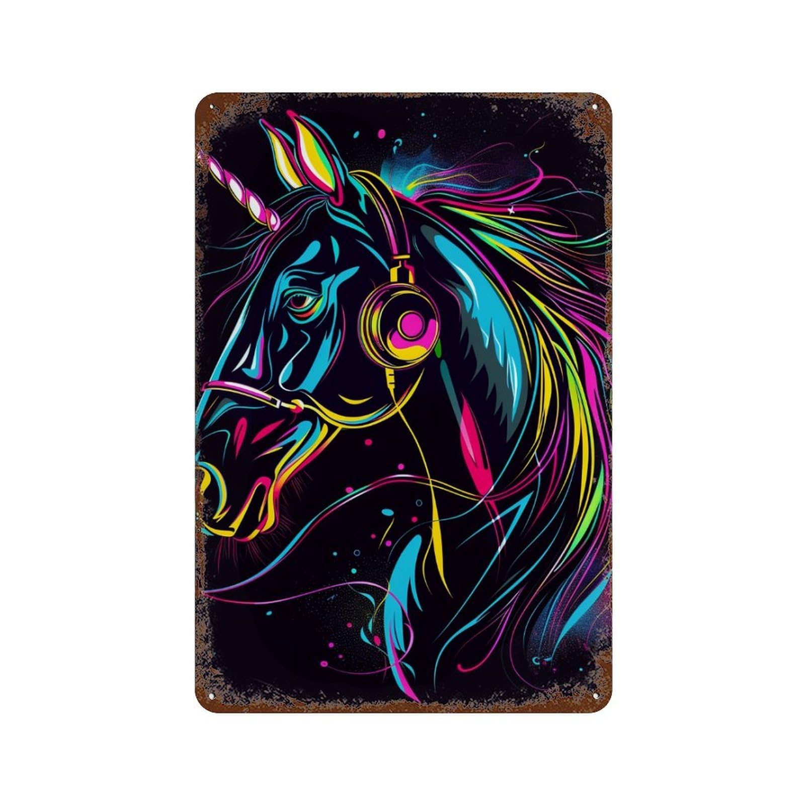 Colorful Unicorn Headphones Art Distressed Metal Wall Sign 11.8"x7.9", Ideal for Cafe, Home Bar And Lounge Decor