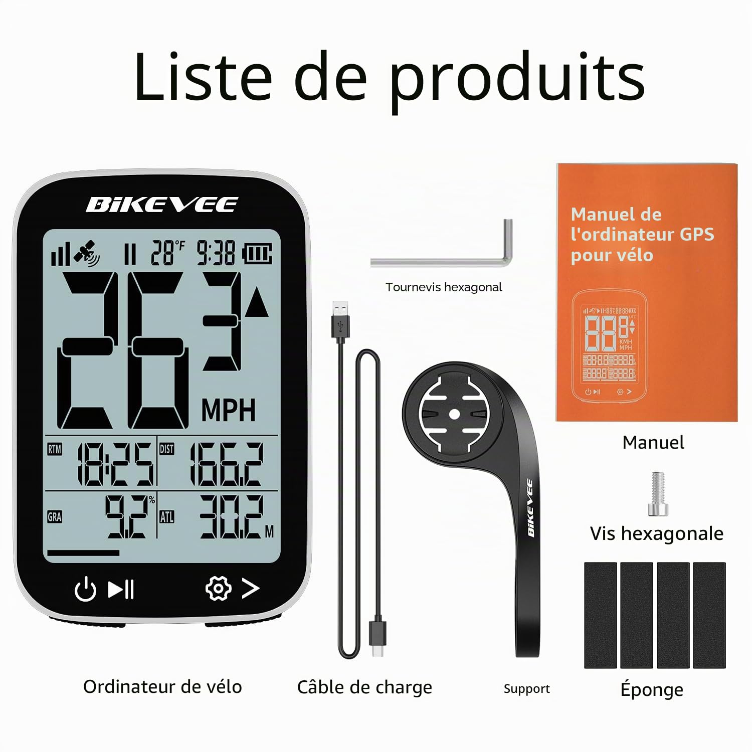 Compteur Vélo GPS sans Fil Étanche IPX7 Écran FSTN 2,4 Pouces Compteur VTT avec Vitesse Distance Altitude Température Pente Autonomie 28H