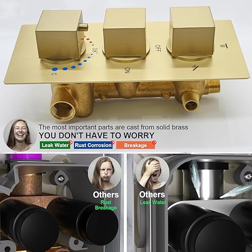 Miniatura 32 de Enga Sistema de ducha termostático doble, grifo de ducha de lluvia doble de montaje en pared de 12 pulgadas + 6 pulgadas, todas las funciones se Oro