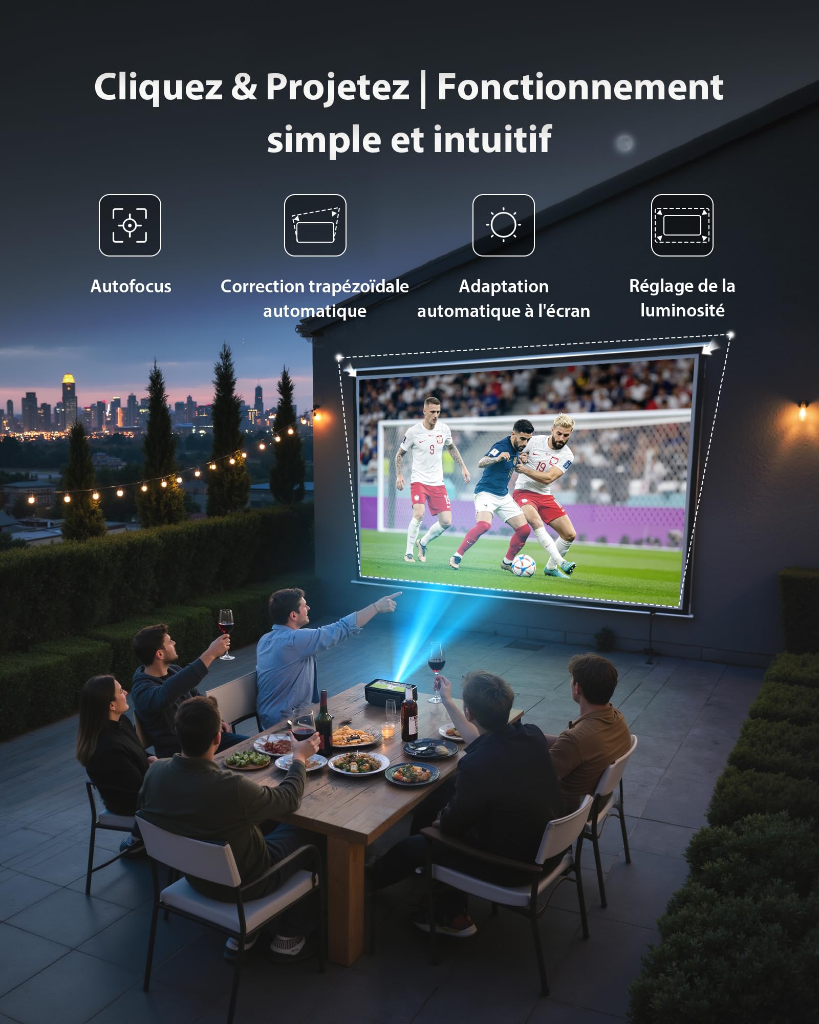 Videoprojecteur 4K avec 64 Go de Stockage, Batterie intégrée, Android 12, Smart Projecteur Video Portable Auto Focus/Keystone, Téléchargement d’Applications, Pivotant à 90° - Noir