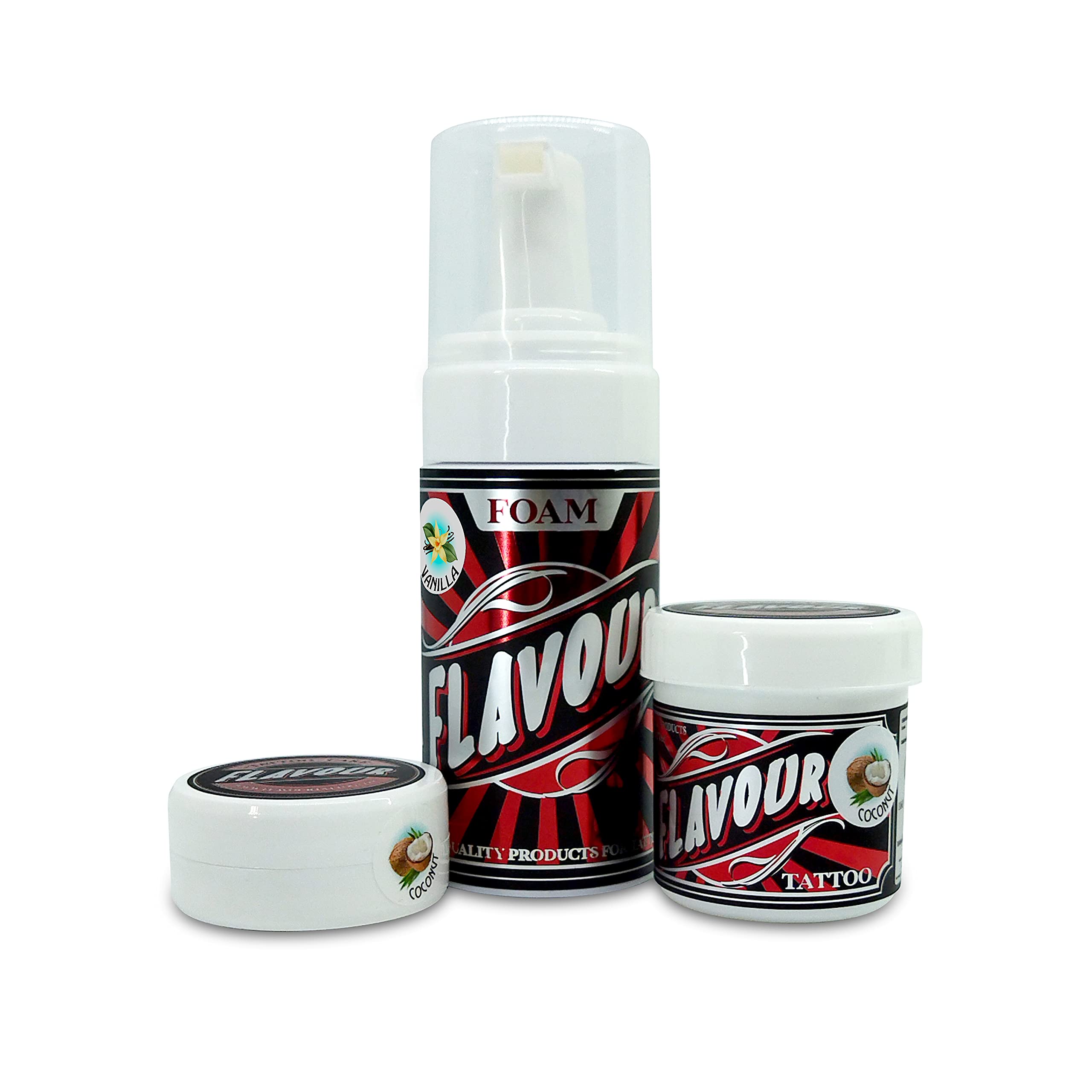 FLAVOURTATTOO - Petroleum Jelly 75 ml + Butter 50 ml + Foam 110 ml - for Tattoos - Microblading - Micropigmentation - Coconut/VAINILLA