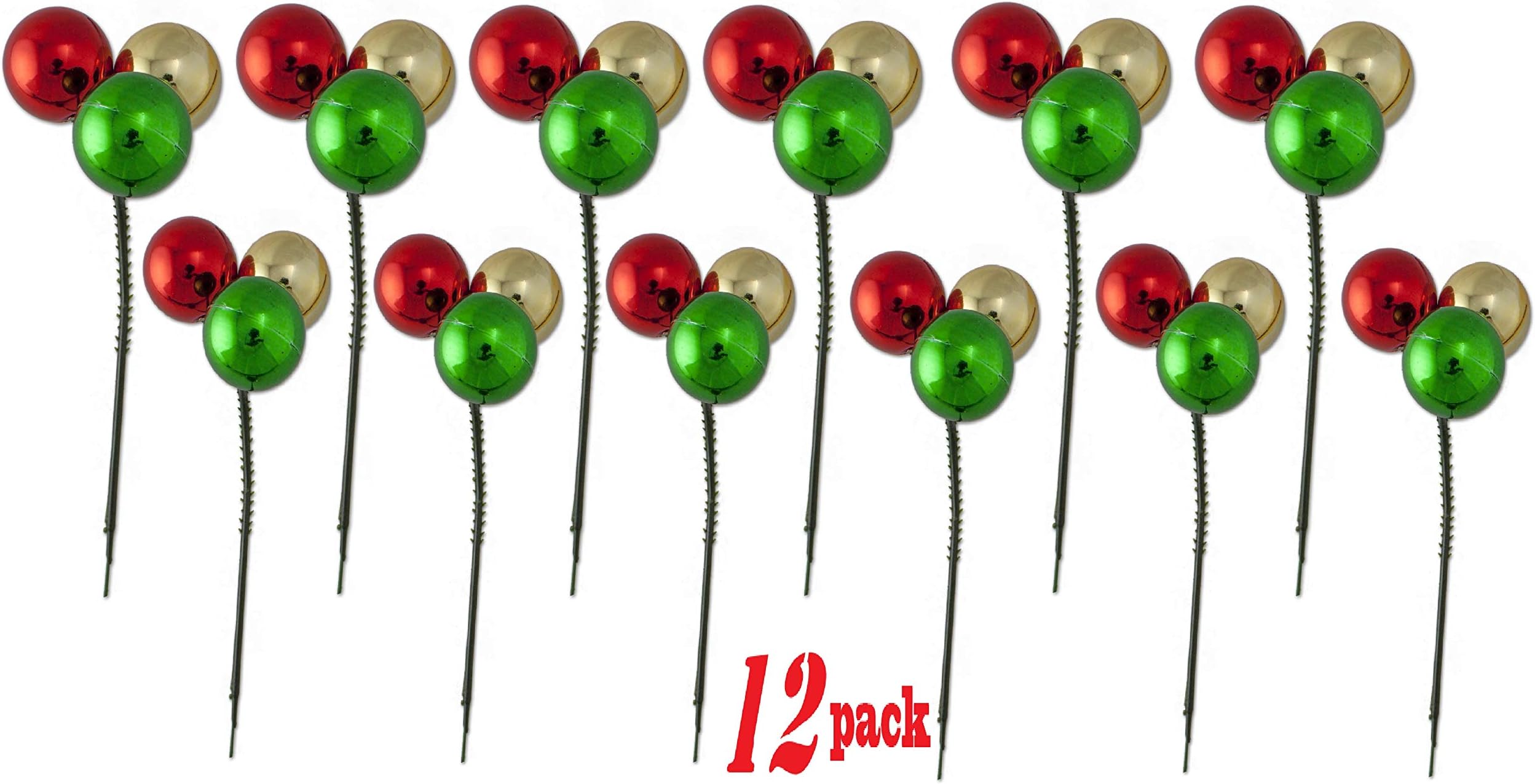 Shatterproof Christmas Ball Ornaments on Wired Picks - Multicolor: Red, Green, Gold Clusters - Set of 12