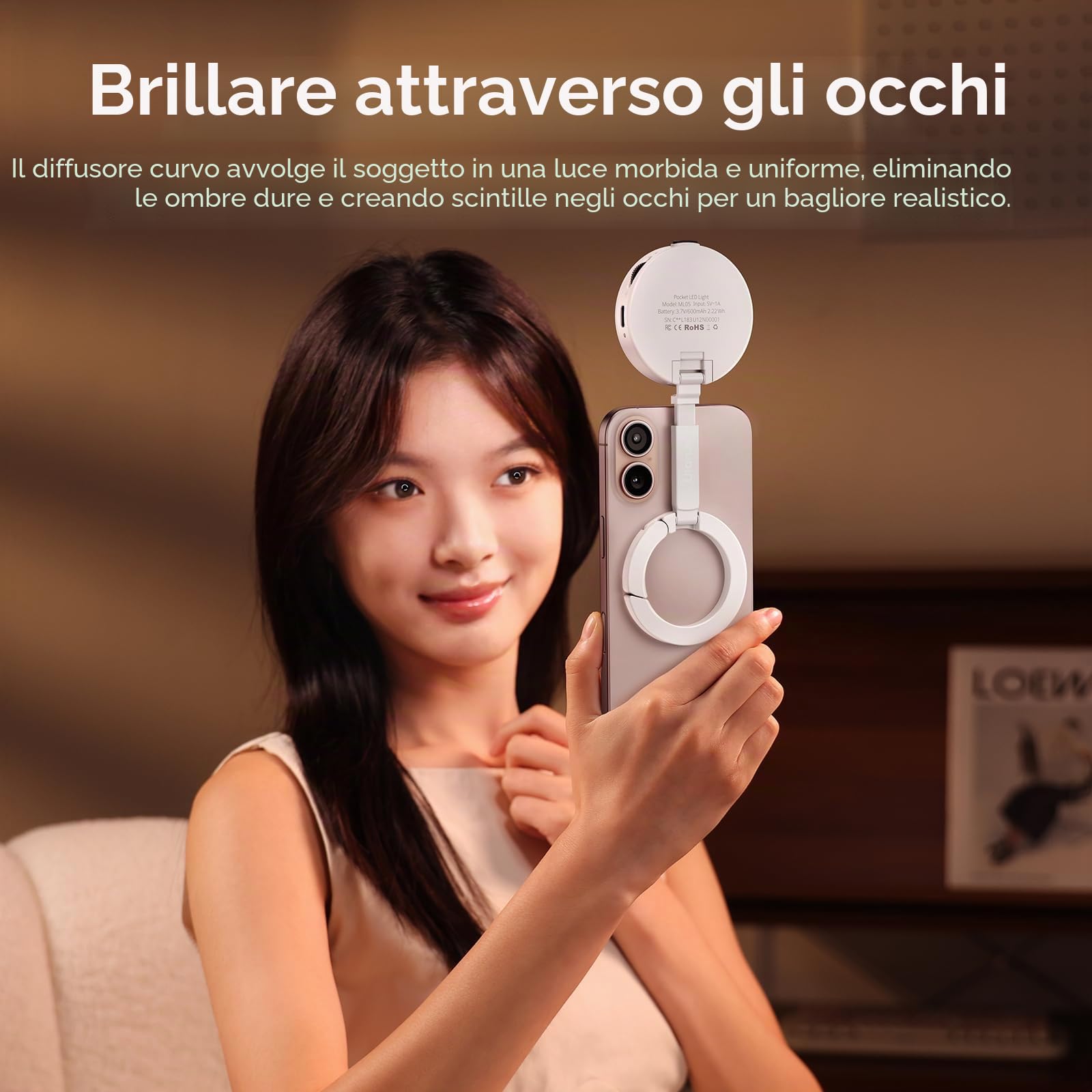 ULANZI ML05 Luce selfie per telefono, Luce ad anello magnetica per selfie con specchio, 9000K CRI≥97, Ring light portatile per smartphone ad angolo completo per viaggi, vlog, foto e video, Nero