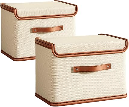 Fabric Boxes with Lids   Pack of 2, Large Beige Oxford Cloth Storage Bins with Handles, Foldable & Stackable Cube Organiser for Wardrobes, Shelves & Closet   37x37x26cm