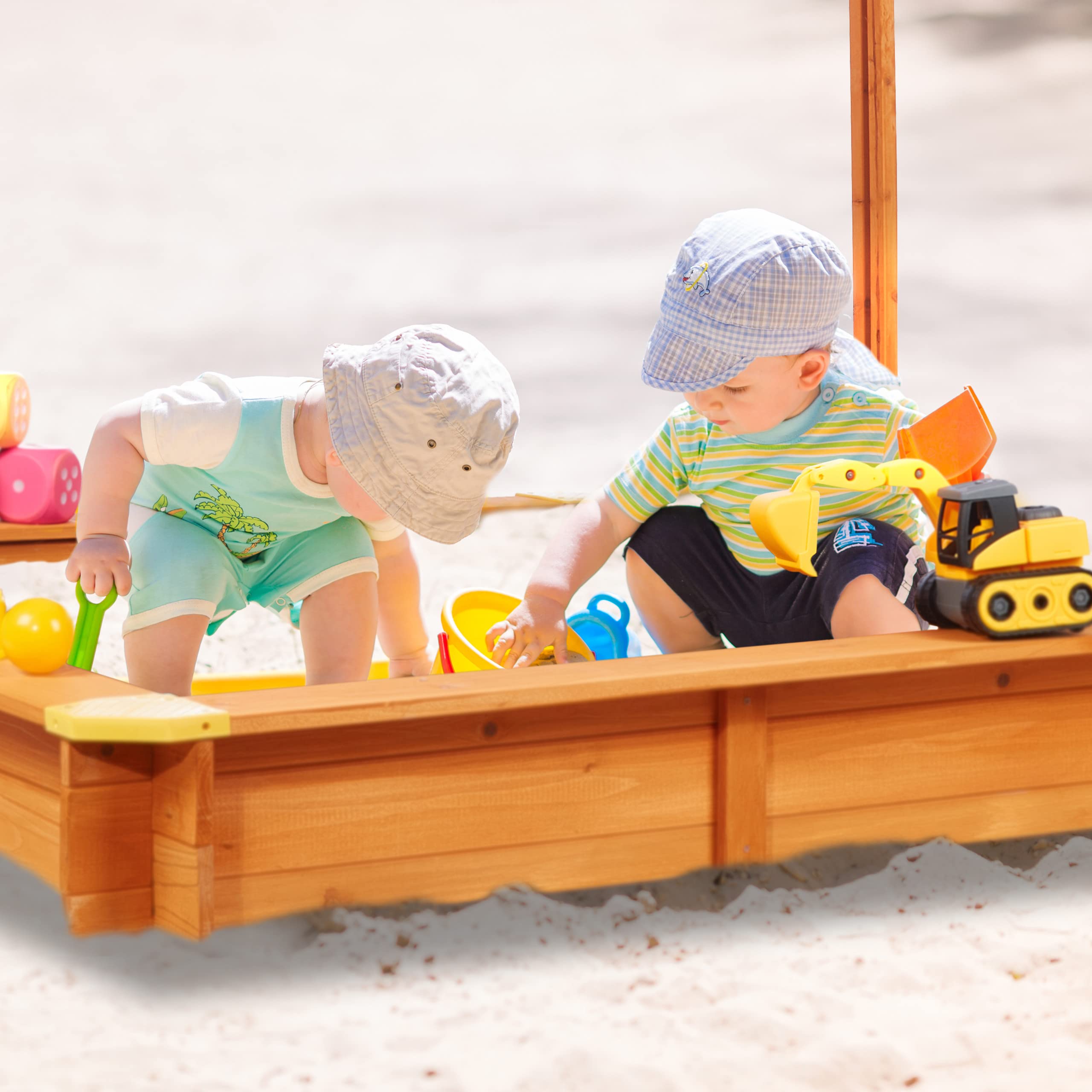 Relaxdays Arenero Niños con Techo Regulable, 117 x 117 x 117 cm, Cajón de Arena con Forro, Madera de Abeto, Natural