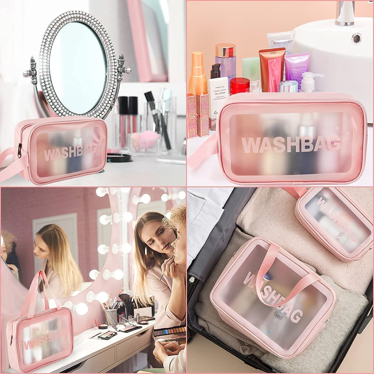 (HAPPY BORN) 3 PCS Wash Bag SetTransparent Waterproof Cosmetic Makeup Pouch for Travel, Toiletries, and Grooming Kit Portable Zipper Organizer Case for Household Essentials 4