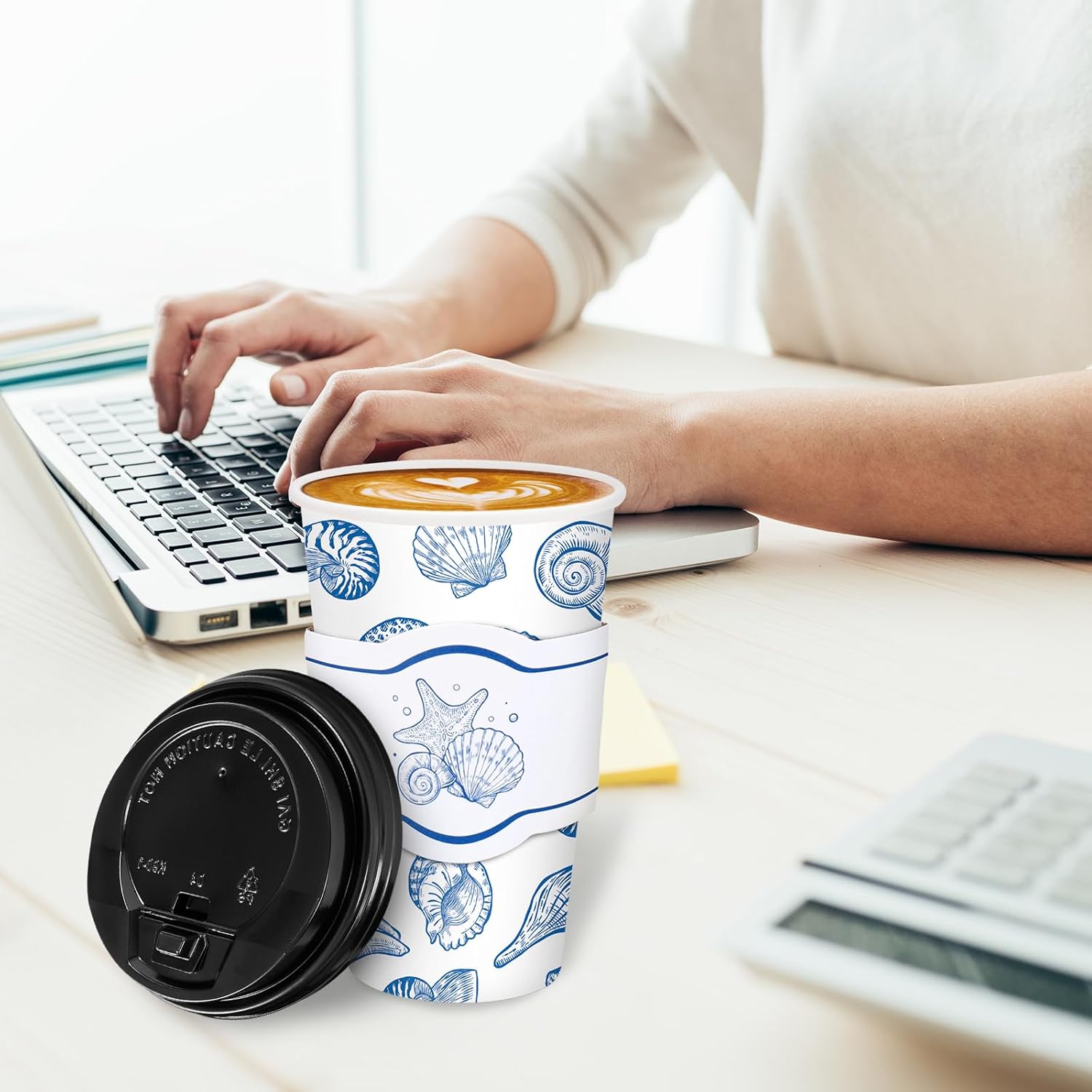 FYSUIMU 50 Set Blue Ocean Disposable Coffee Cups with Lids and Sleeves Seashell Starfish Paper Drinking Cups for Summer Beach Birthday Baby Shower Party Supplies, 16 Oz