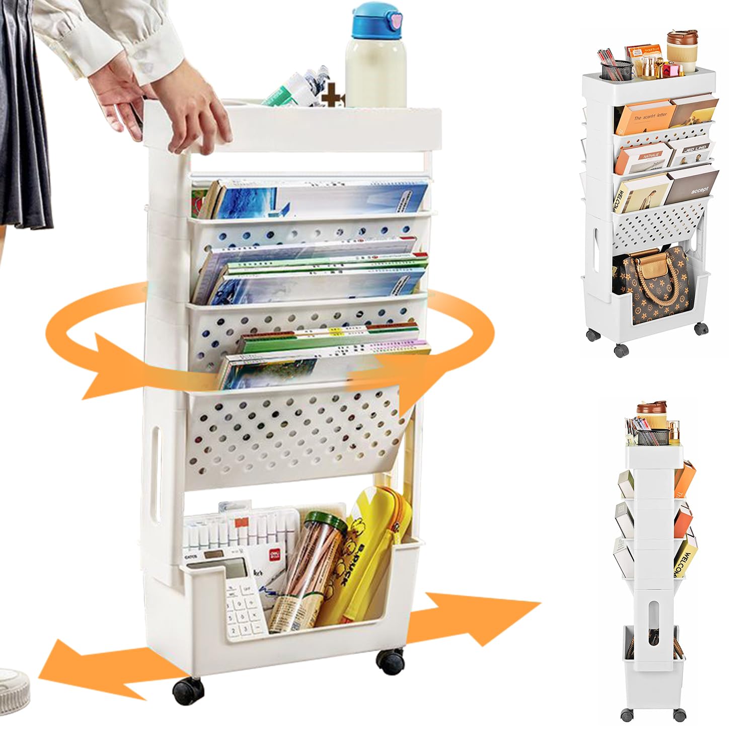 PAKAHEY 5 Tier Rolling Bookshelf with Wheels, Movable Desk Side