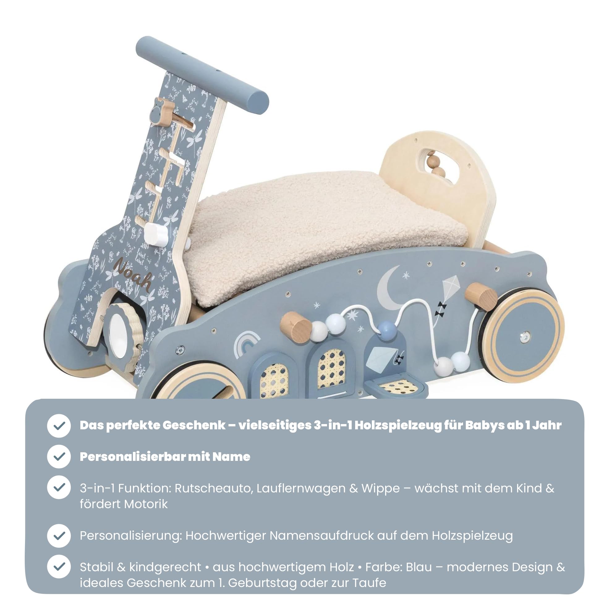 3in1 Lauflernwagen aus Holz personalisiert Olive – Lauflernhilfe, Rutscheauto & Wippe in einem – Montessori Motorikspiel – Stabiler Baby Schiebewagen für erste Schritte – Geschenk zum 1. Geburtstag