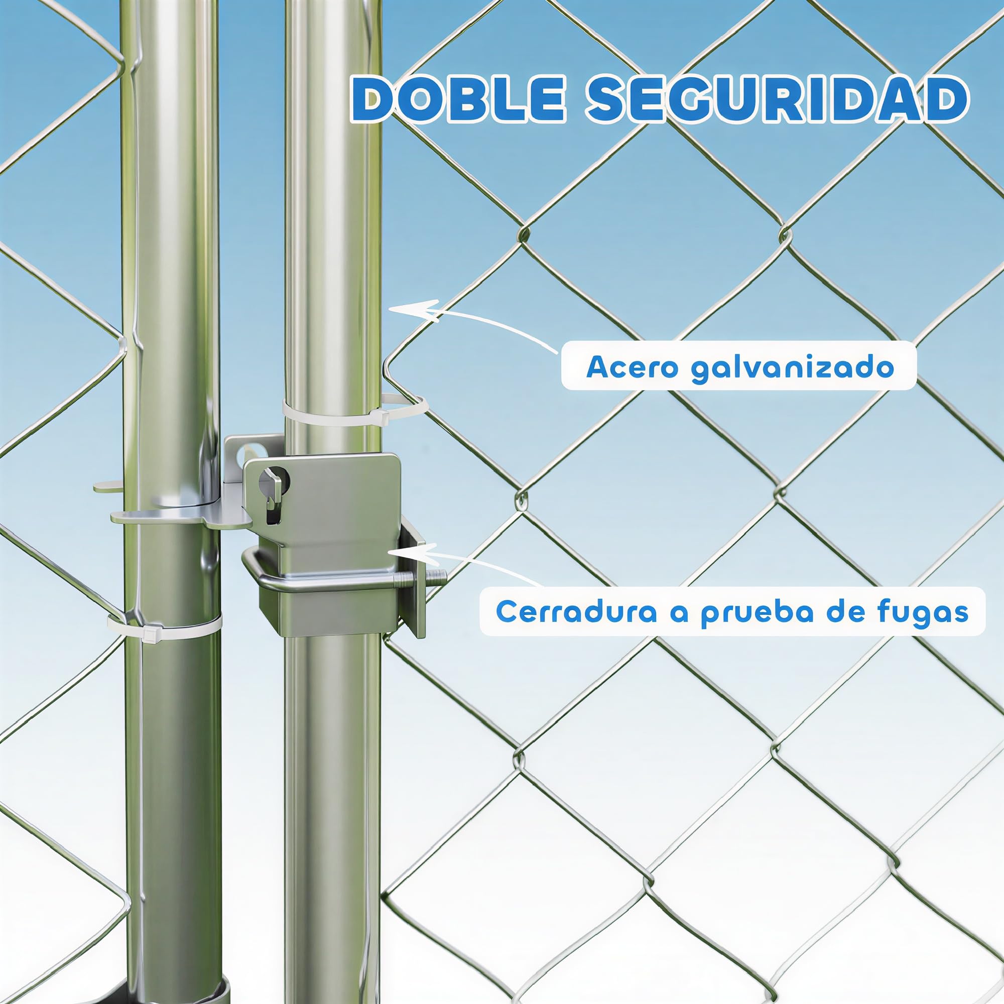 PawHut Perrera de Exterior con Techo Impermeable 2x2x1,55 m Jaula para Perros de Acero Galvanizado Soporte Ajustable y Giratorio para Comida 2 Cuencos para Perros Medianos y Pequeños