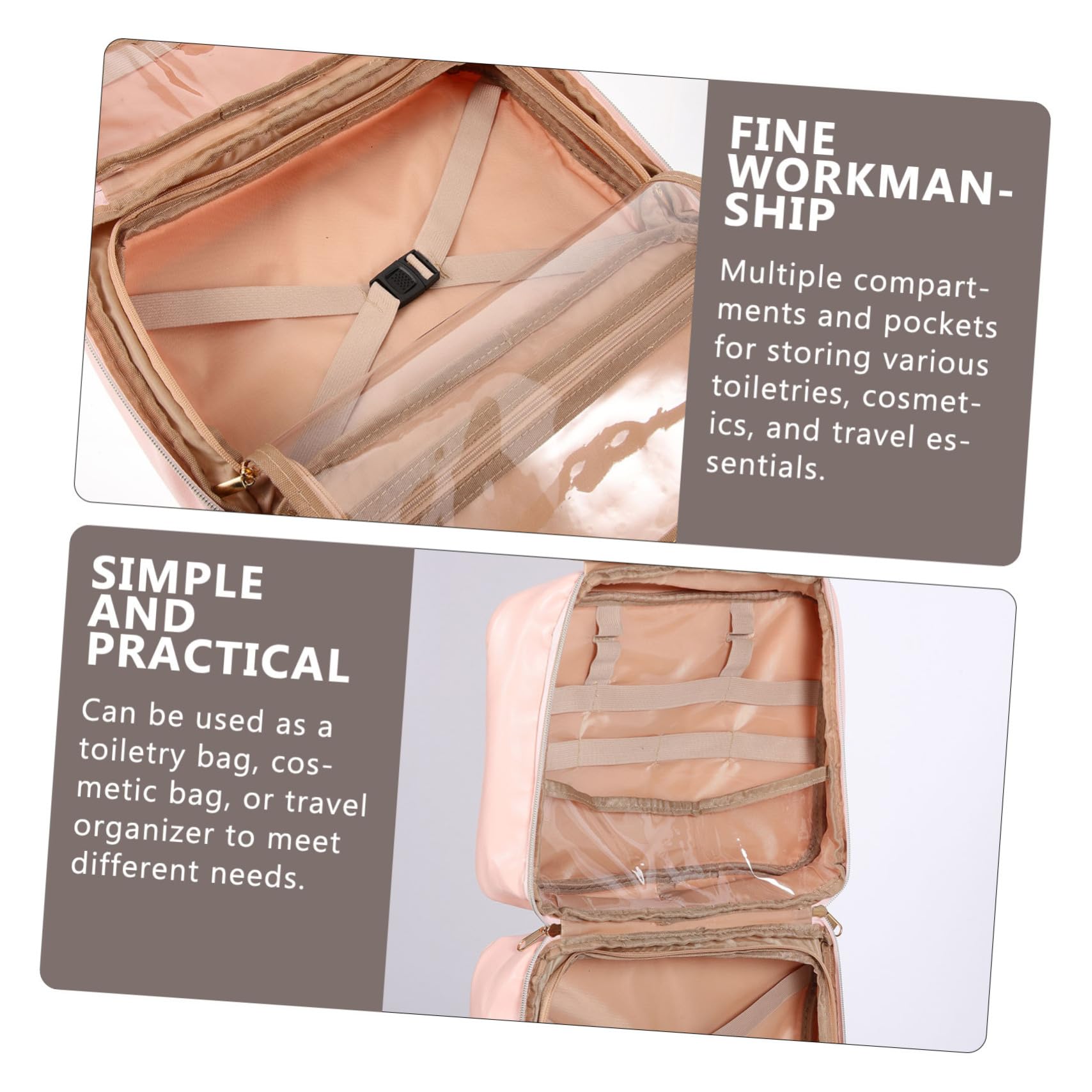 Neceser de Viaje Colgante para Mujer, Bolsa de Maquillaje de PU Rosa Múltiples Compartimentos y Asa, Adecuado para Viaje y Uso Exterior