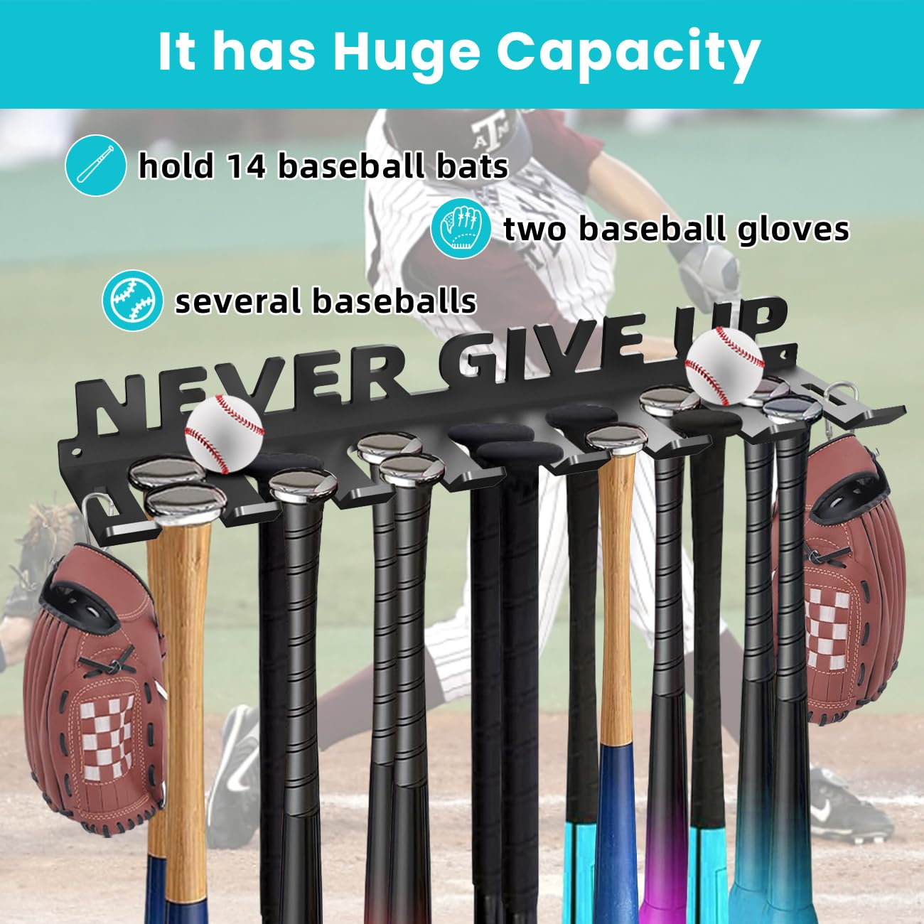 Softball Bat Caddy Heavy Duty Baseball Bat Wall Mount Rack - Holds 14 ...