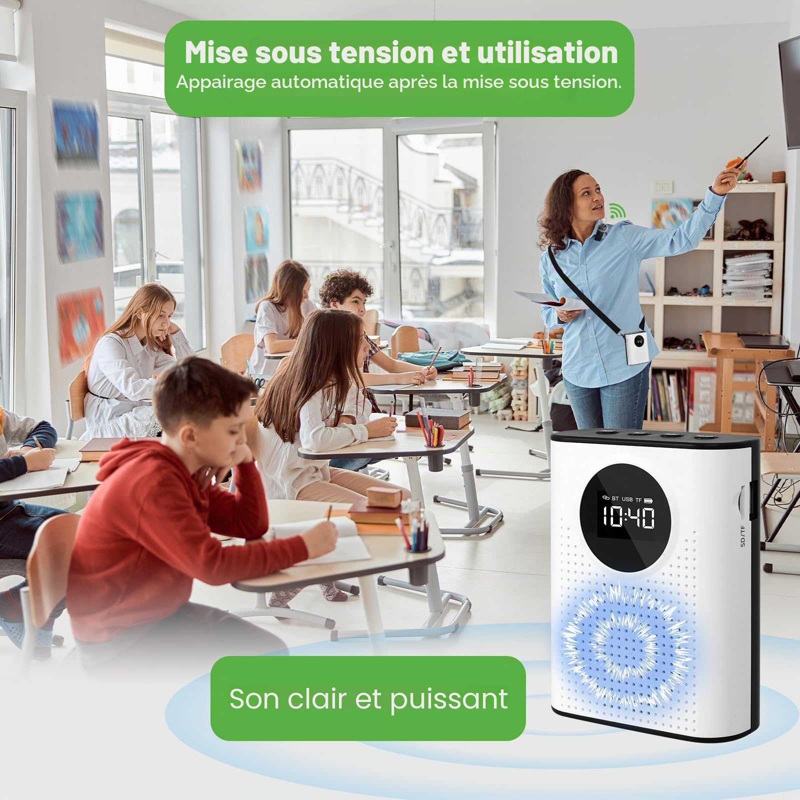 AURTEC Amplificateur de voix sans fil avec microphone cravate magnétique, 2,4 G, Bluetooth, carte TF, USB, AUX