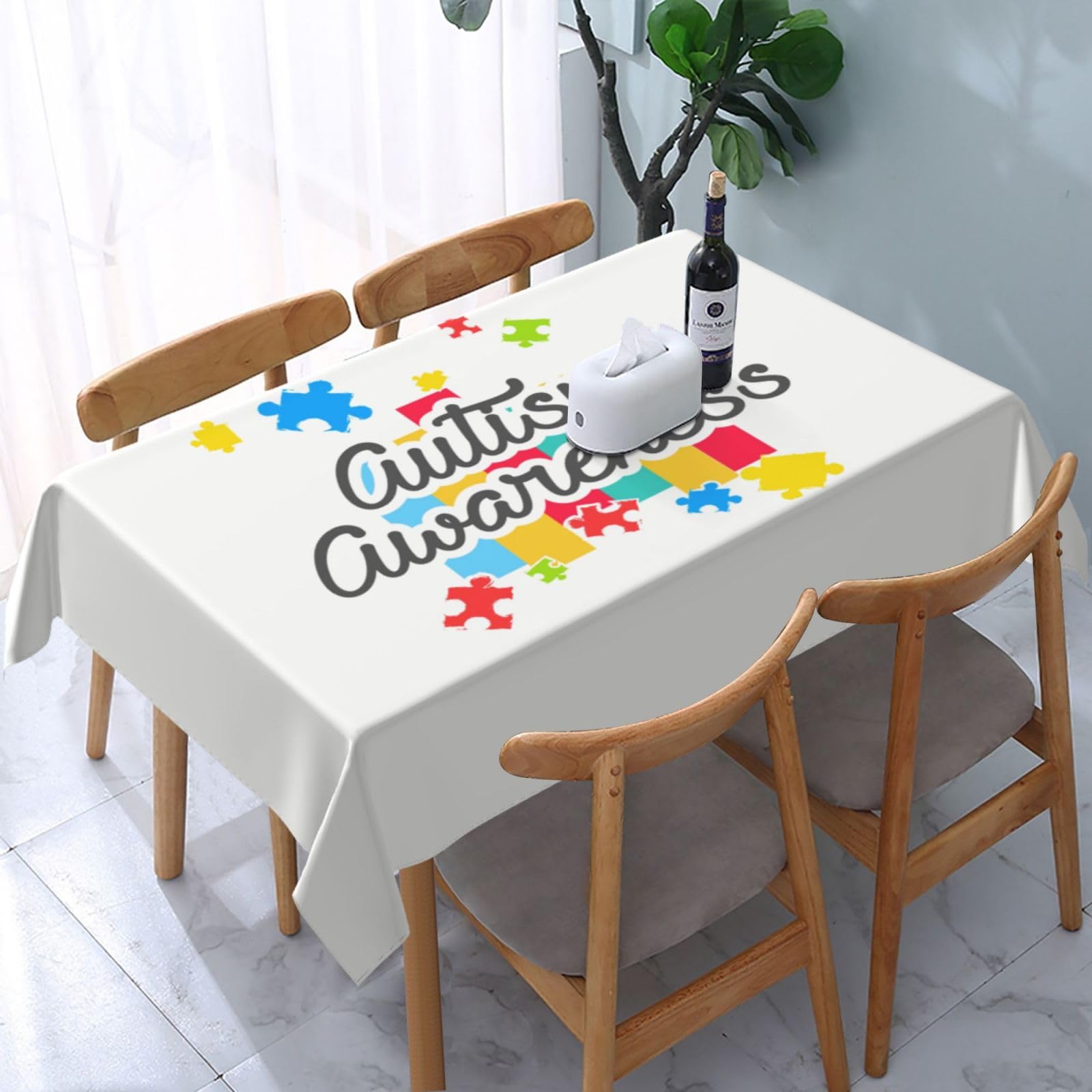 JunHeArt Autism Awareness Month Tablecloth Rectangle Table Cover Washable Table Cloths Decor For Kitchen 54" X 72"
