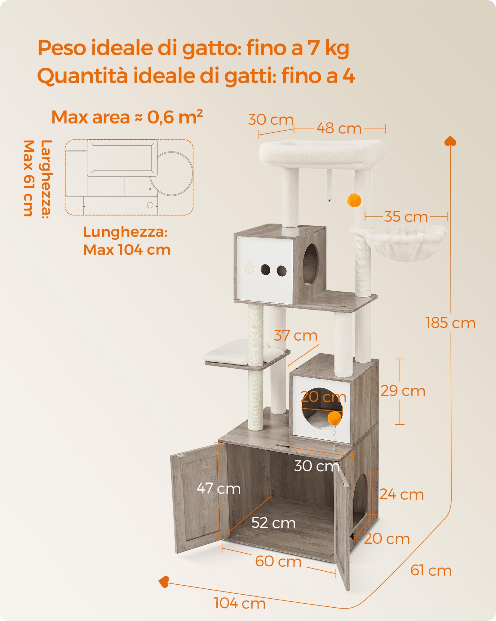 Feandrea Albero per Gatti Moderno, Tiragraffi con Mobile per Lettiera, 185 cm, Condominio per Gatti, Graffiatoi, Trespolo, Cuscini Lavabili, Greige PCT116G01