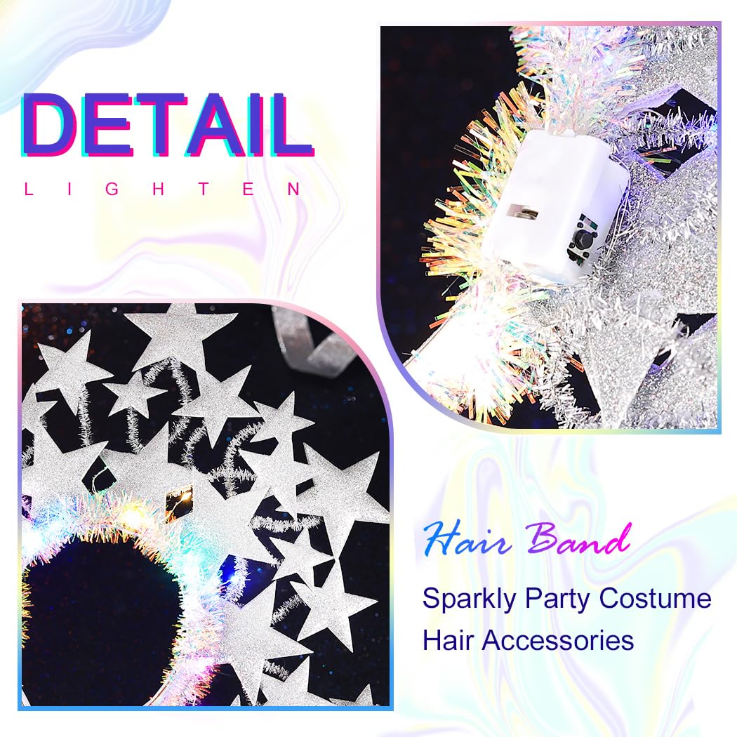 Fashband Light Up Star Headband Glitter Stars Tiara Halo Crown Headbands Led Goddess Costume Headpiece Christmas Carnival Party Hair Accessories for Women and Girls (Silver) - Image 4