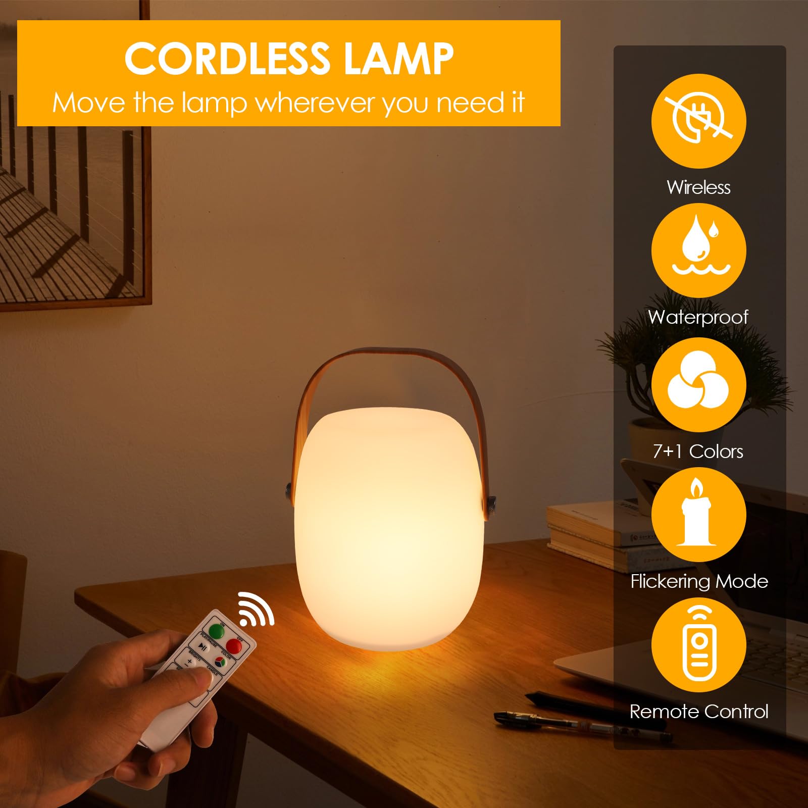ZWOOS Lamparas de Mesita de Noche Sin Cable, Lampara Mesa Recargable LED RGB, Luce Inalambrica Portátil con Modo de Parpadeo de Vela, Impermeable IP54, con Control Remoto (Lámpara)