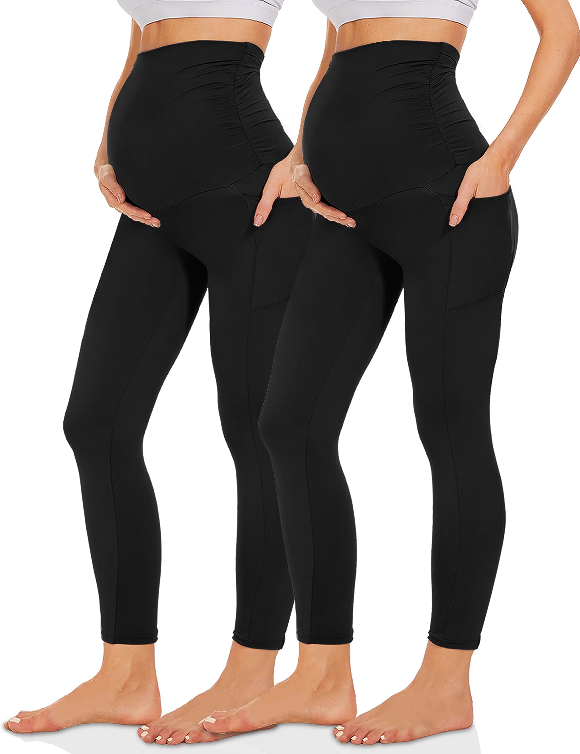 Missluck 2er Pack Umstandsleggings Blickdicht Damen Schwangerschaft Leggings Lang Mammy mit Taschen