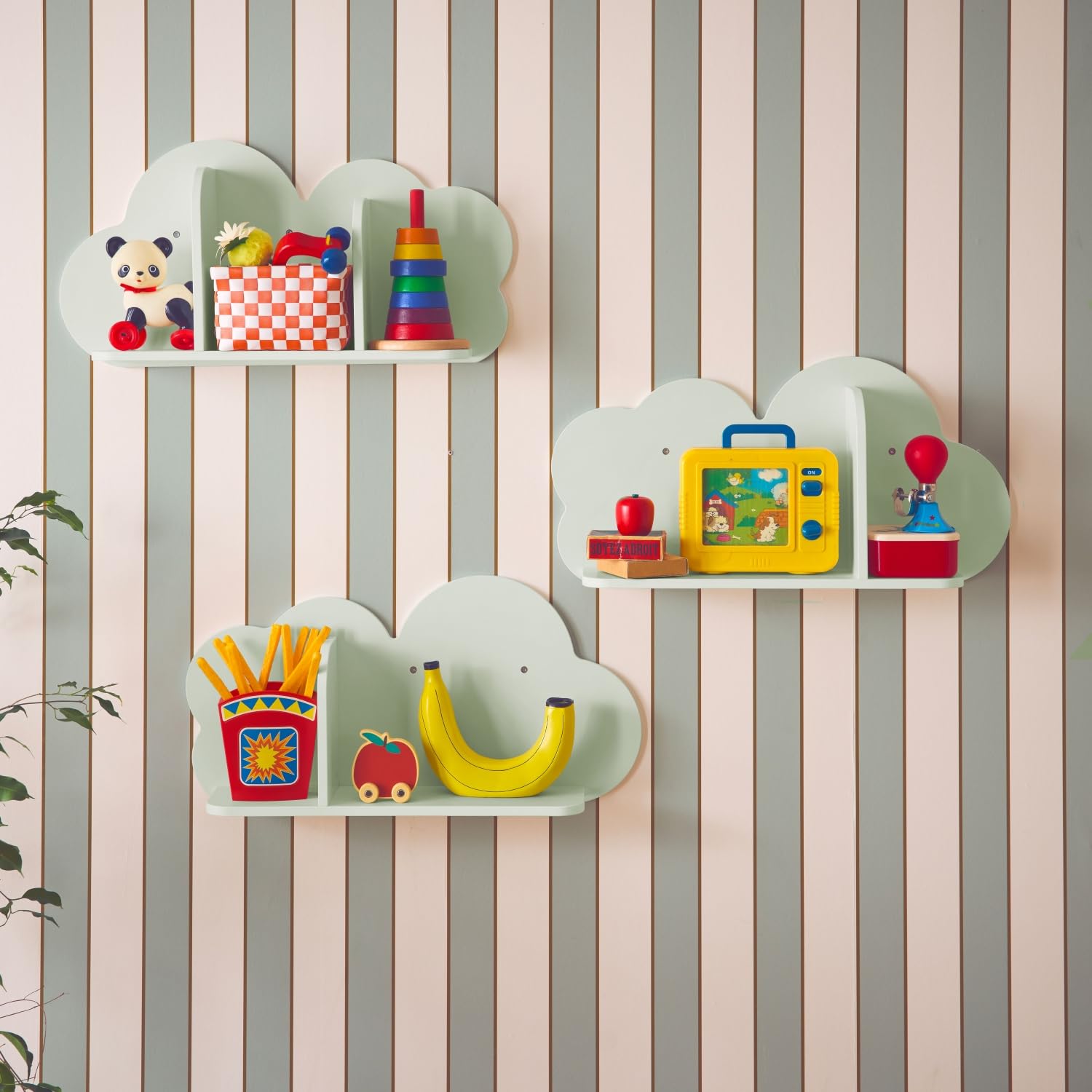 Estantería de pared nube para dormitorio infantil set de 3 Nephos Verde 34.5x12x23.5 cm