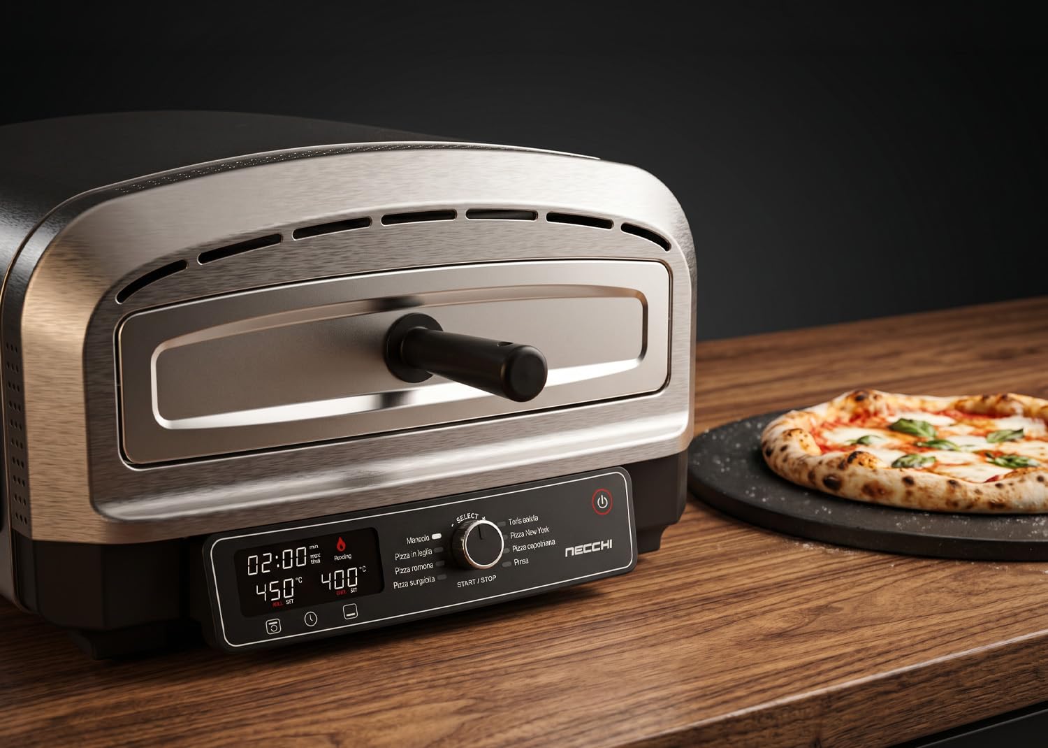 Necchi Pizza Genio – Forno Elettrico per Pizza Digitale, Temperatura fino a 450°C, 7 Programmi Preimpostati, Pietra Refrattaria Inclusa, Resistenze Regolabili Separatamente