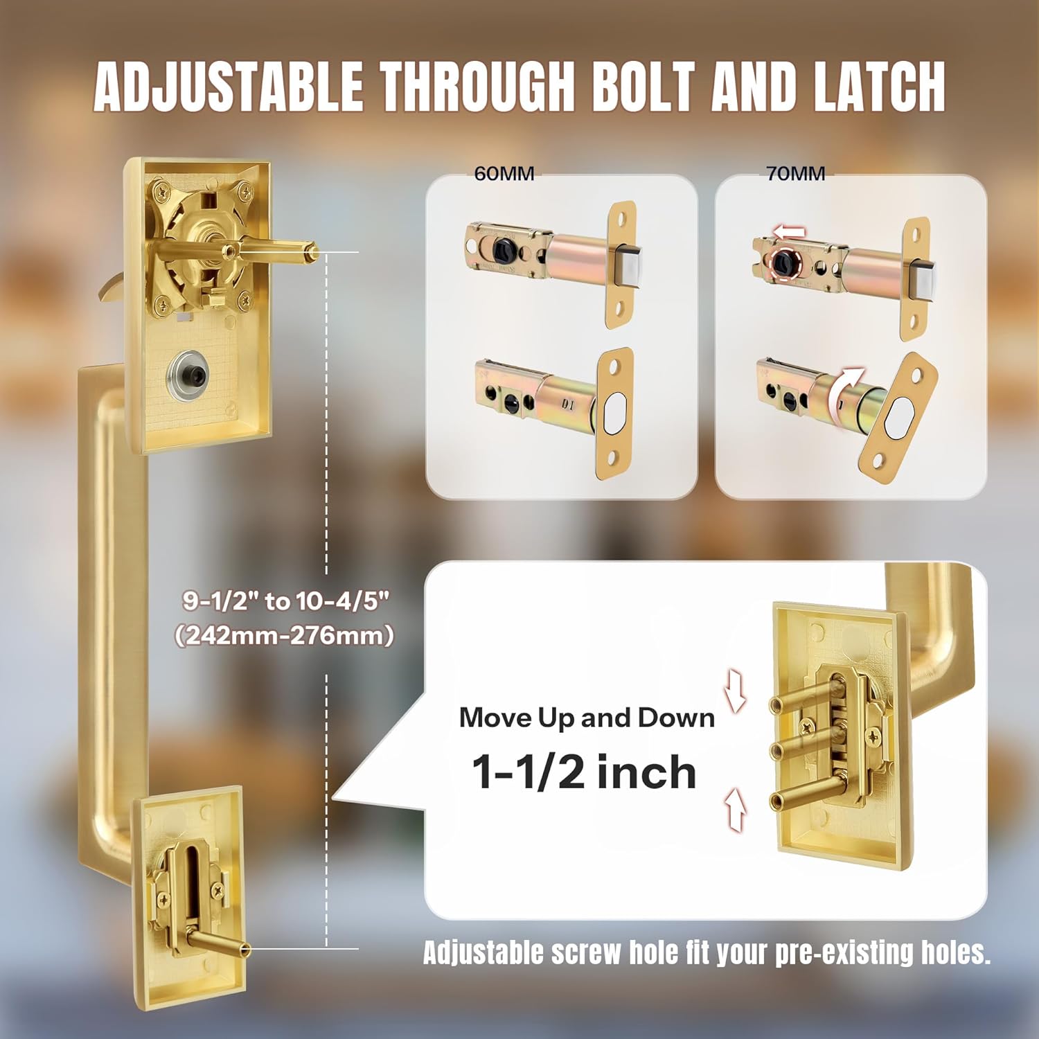 Brushed Gold Double Front Door Lock Set, Keyed Entry Front Door Handleset with Dummy, Square Heavy Duty Door Lever and Single Cylinder Deadbolt Combo, Satin Brass