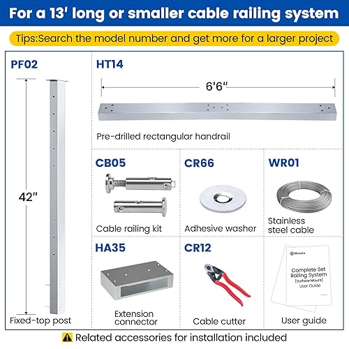 Miniatura 3 de Muzata Kit completo de montaje lateral de 6 pies 6 pulgadas a 13 pies, sistema de barandilla de cable cepillado de 36 pulgadas con barandilla de