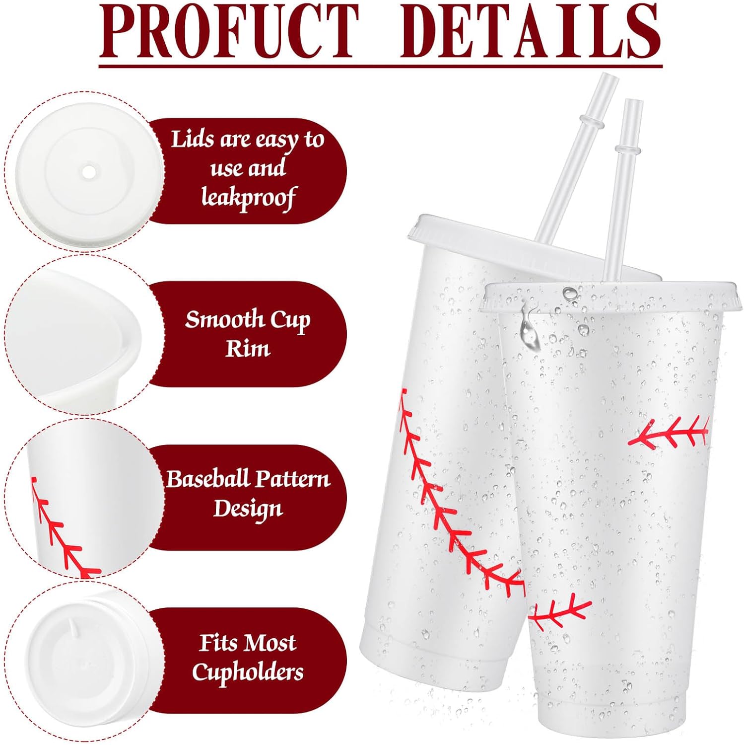 Domensi 12 Pcs White Baseball Sport Ball Plastic Tumbler with Lid and Straw 24oz Reusable Plastic Cups Gifts for Fan Friend Birthday Sport Party Gifts Supplies - Image 3