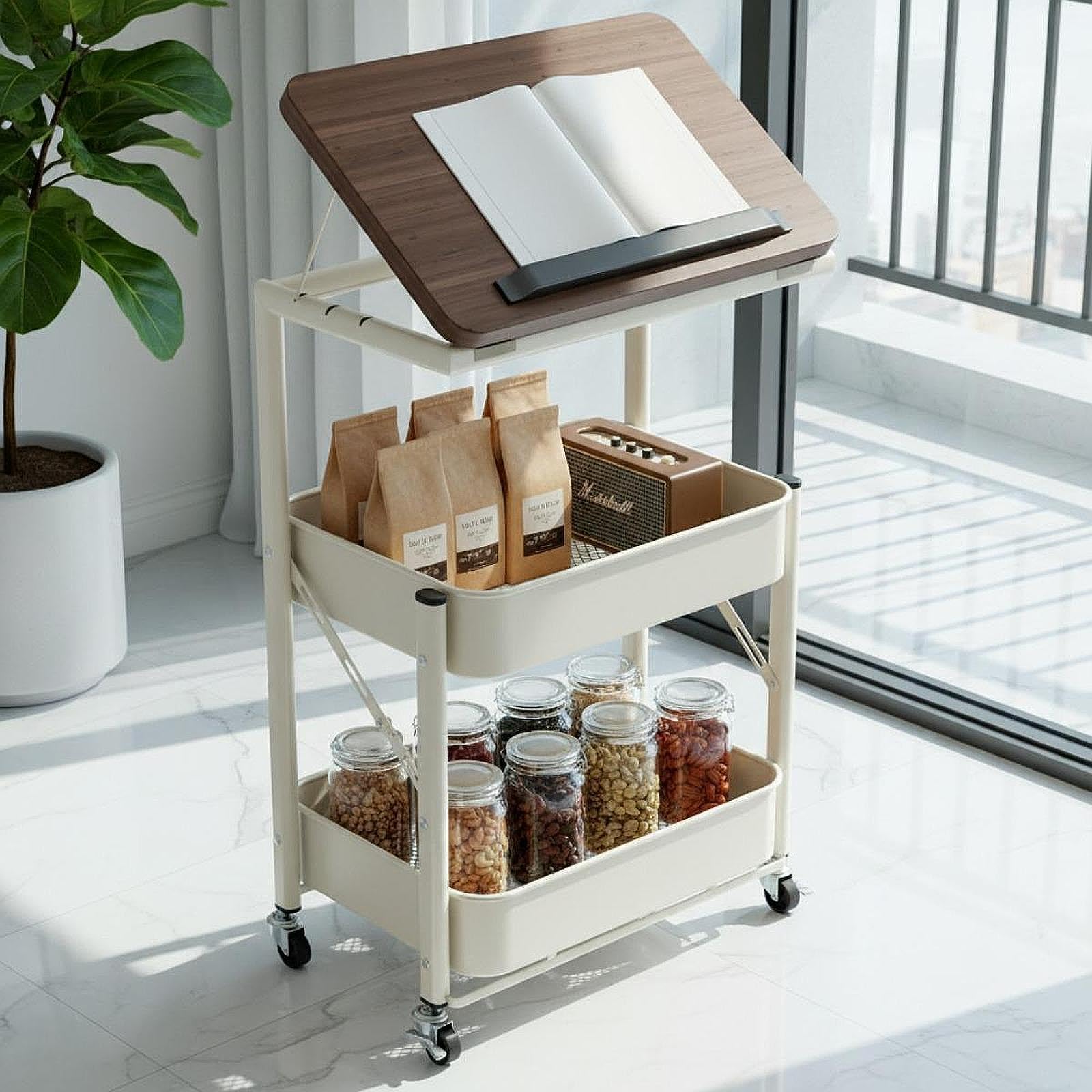 Gralara Carrito Utilitario con Ruedas, Multifuncional, Plegable, Organizador de Almacenamiento, Mesa Auxiliar Móvil, Bandeja para Sofá, de Noche, Blanco, Individual