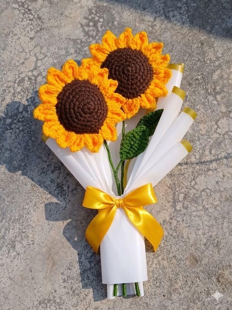 Handmade Crochet Sunflower Bouquet with Ribbon Bow, Set of 2 | Knitted Yarn Flowers, White Paper Wrapping, Artificial Floral Decor, Long-Lasting Blooms, Home & Table Decor-image-21