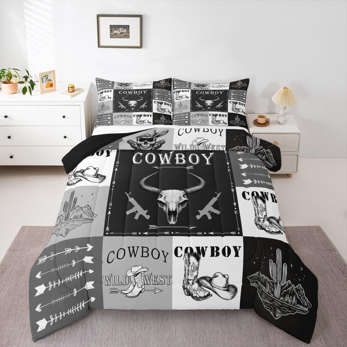 Erosebridal Western Cowboy Comforter Set Queen Size, Boys Southwestern Horse Bedding Set Bull Skull Quilt Vintage Farm Animal Duvet Insert Arrow