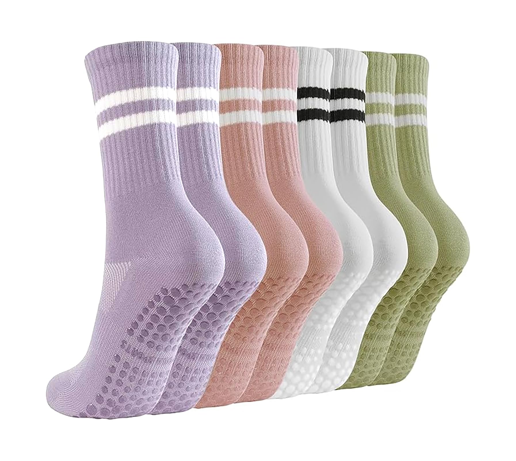 Zirax Women's Purple Pink Green White 4 Pairs Pilates Socks For Non Slip, Breathable Yoga Grip Socks With Cushioned Sole, Long Anti-Skid Grippy Socks For Reformer Pilates, Barre, Ballet, Trampoline Home Workout