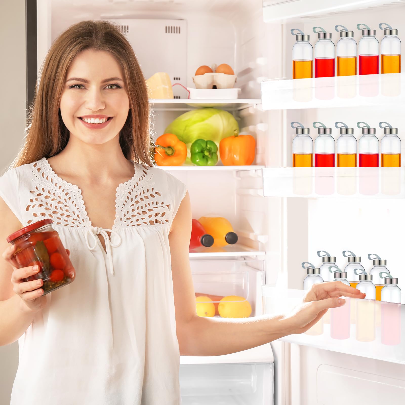 Zubebe 20 Pcs Reusable Water Bottles Bulk Clear Bottles with Stainless Steel Leak Proof Lids Acrylic Bottles with Nylon Carrying Strap Shaker Bottles for Water, Milk, Smoothie, Juice Beverage (14 oz)