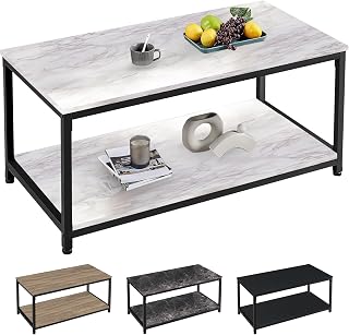 SG Traders Industrial Coffee Table for Living Room Large Side Table with Metal Leg 2 Tiers Stylish and Durable Industrial Coffee Table with Storage Perfect for Any Room 100x50x45cm (White Marble)