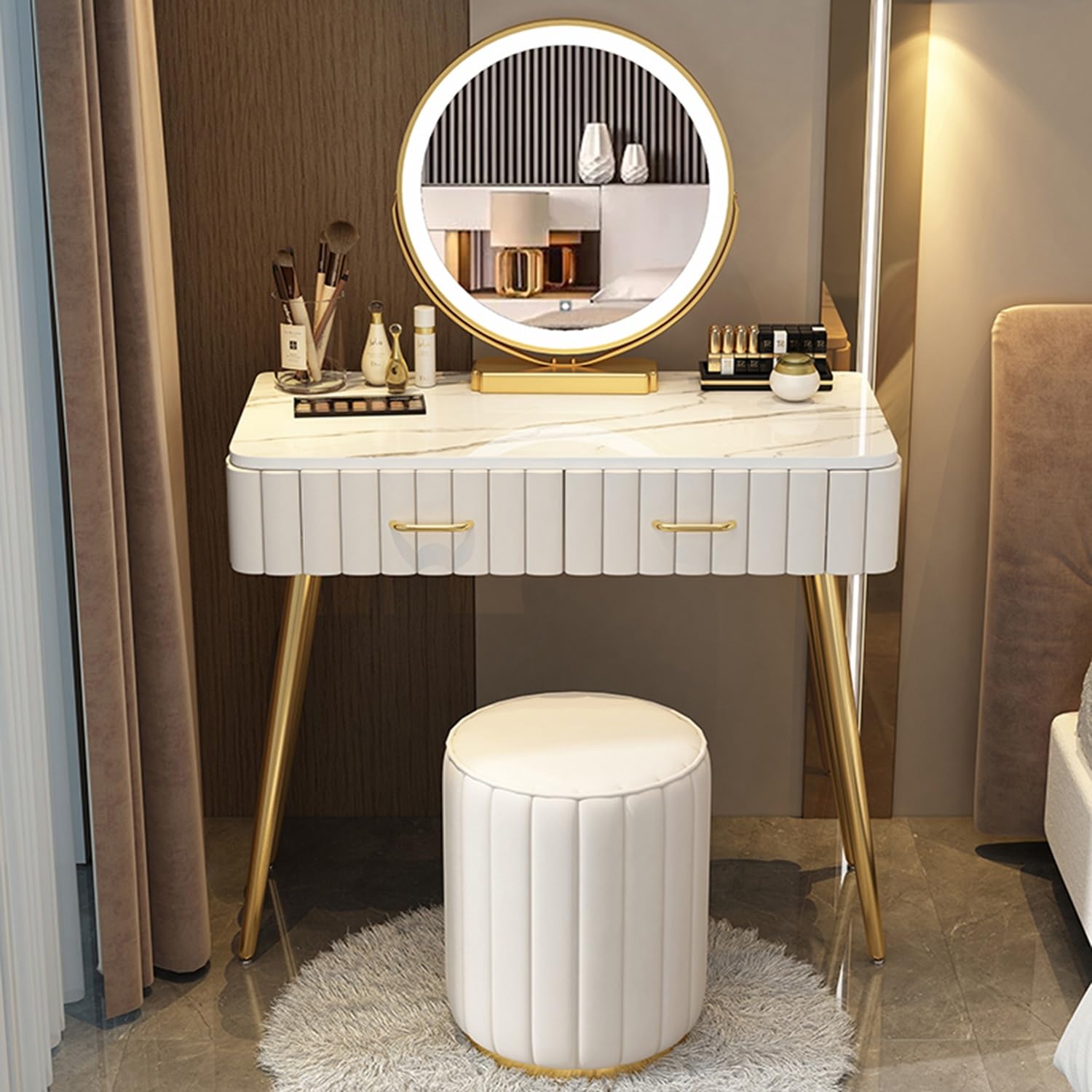 Holz Schminktisch mit LED-Spiegel und gepolstertem Hocker-Set, stilvoller Schminktisch für Schlafzimmer oder Ankleidezimmer, modernes Design für Mädchen und Frauen (Milchweiß, 80cm / 31.5in)