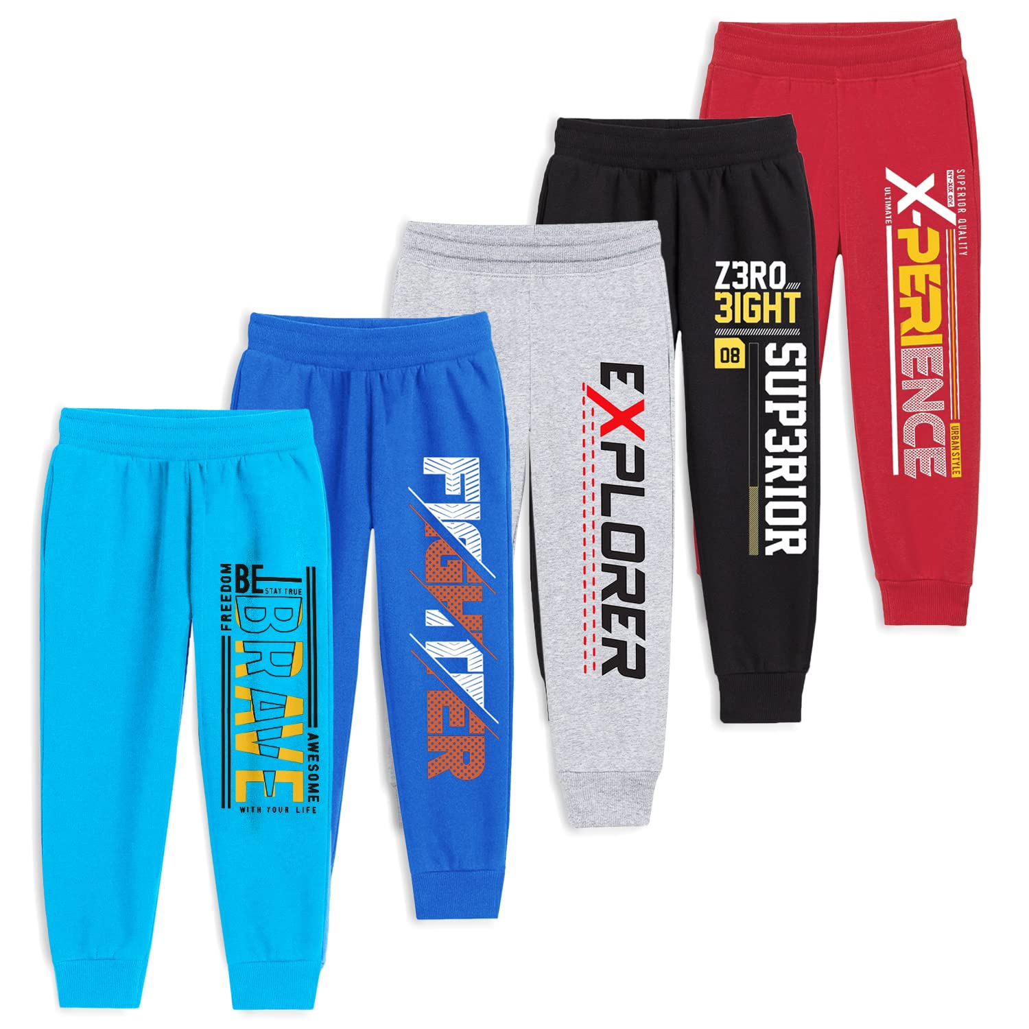 TrampolineKids Cotton Blend Pyjamas Pack of 5 | Bright Colors & Fun Prints | Ribbed Ankle Everyday Bottoms for Boys & Girls | Soft & Breathable Fabric