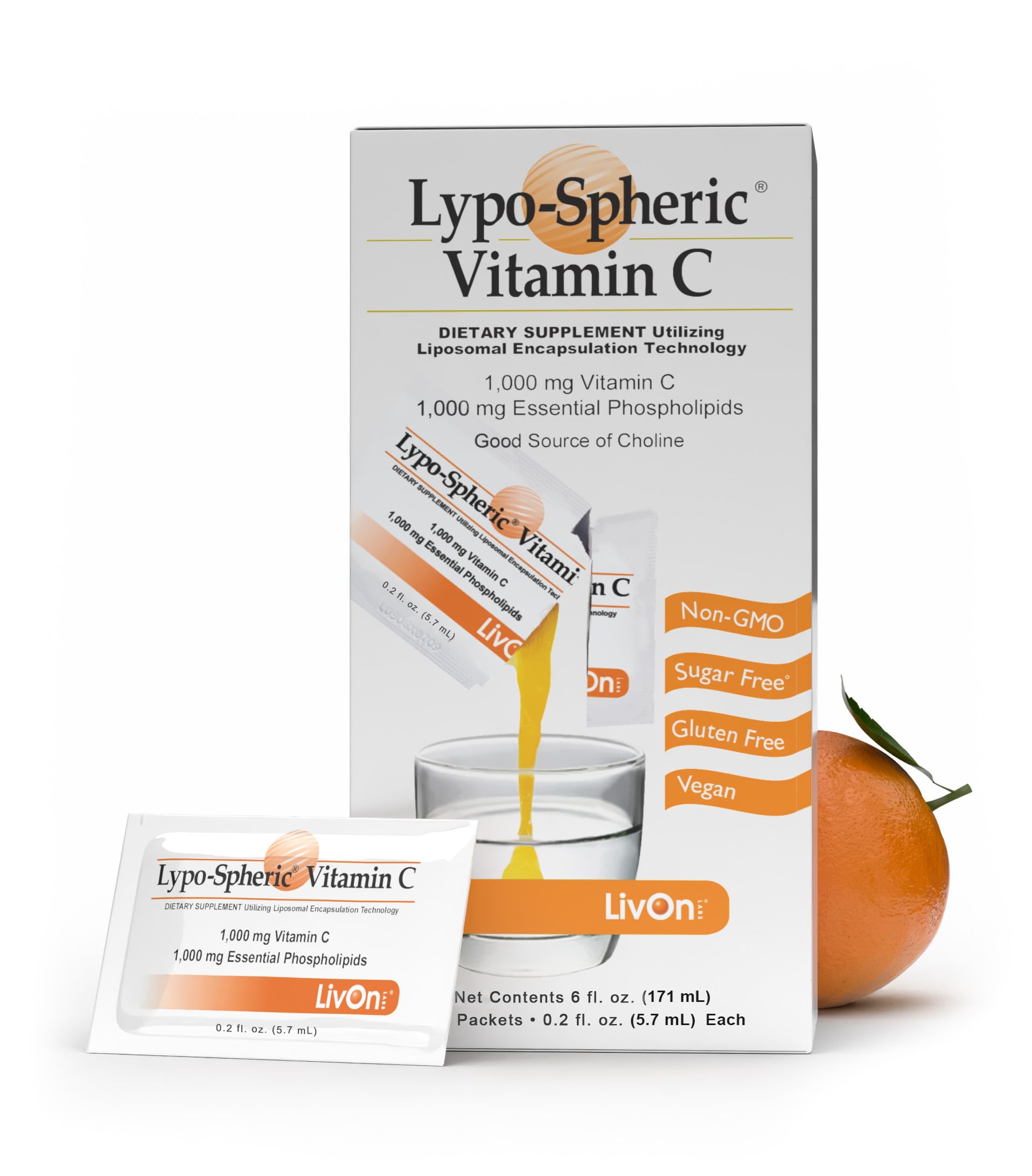 LivOn Laboratories Lypo–Spheric Vitamin C, 1000 mg Vitamin C & 1000 mg Essential Phospholipids Per Packet, Liposome Encapsulated for Improved Absorption, 100% Non–GMO, 1 Carton, 0.2 Fl Oz (Pack of 30)