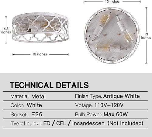 Miniatura 3 de Bargeni Lámpara de techo empotrada, lámpara de techo de 13 pulgadas, accesorios de cocina de 3 luces, acabado blanco antiguo rústico, lámparas de
