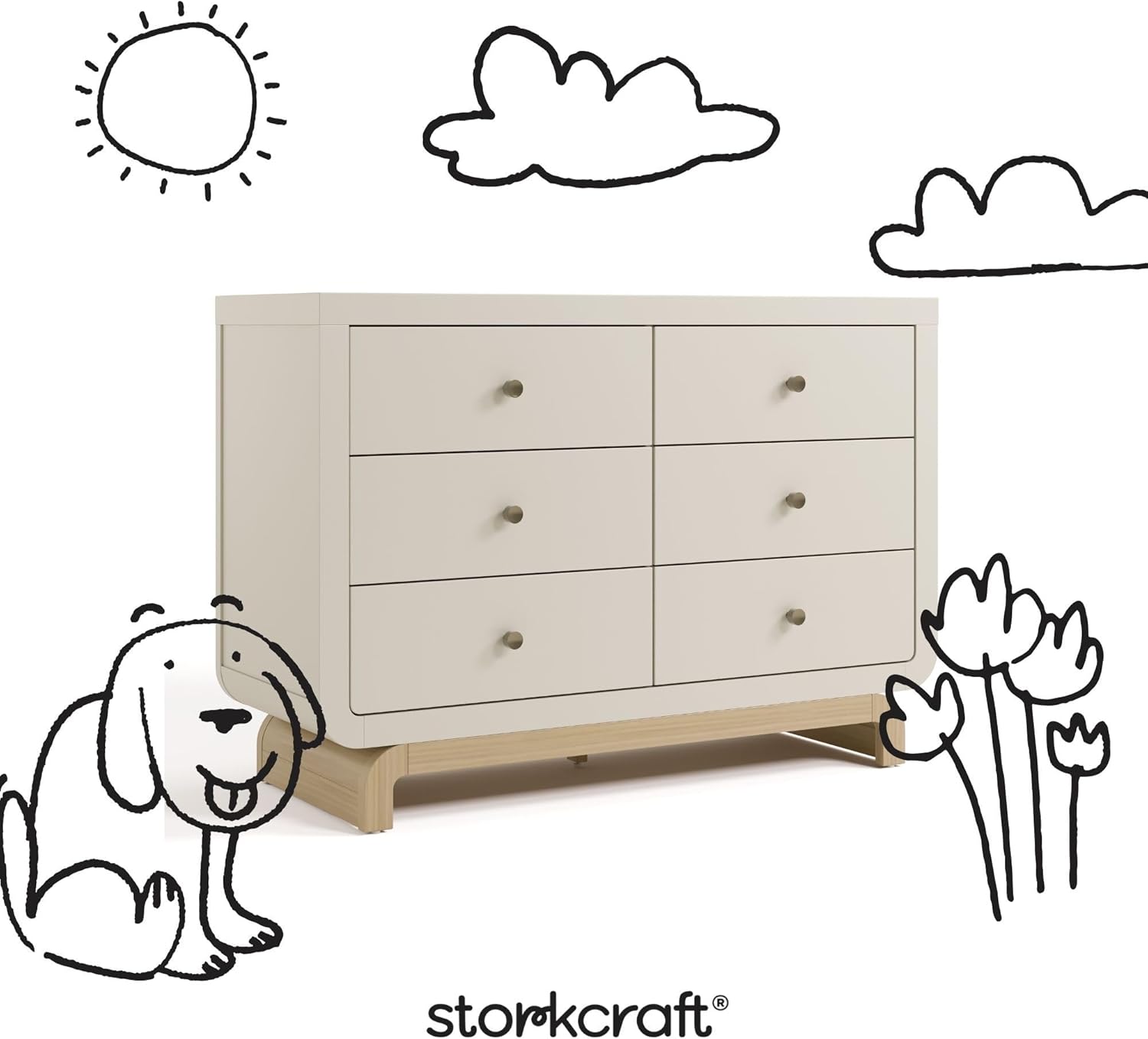 Storkcraft Santorini 6 Drawer Double Dresser (Frosted Oat with Driftwood) - GREENGUARD Gold Certified, Interlocking Drawer System, Dresser Drawer Organizer for Kids Bedroom 6 Drawer Dresser Frosted Oat With Driftwood