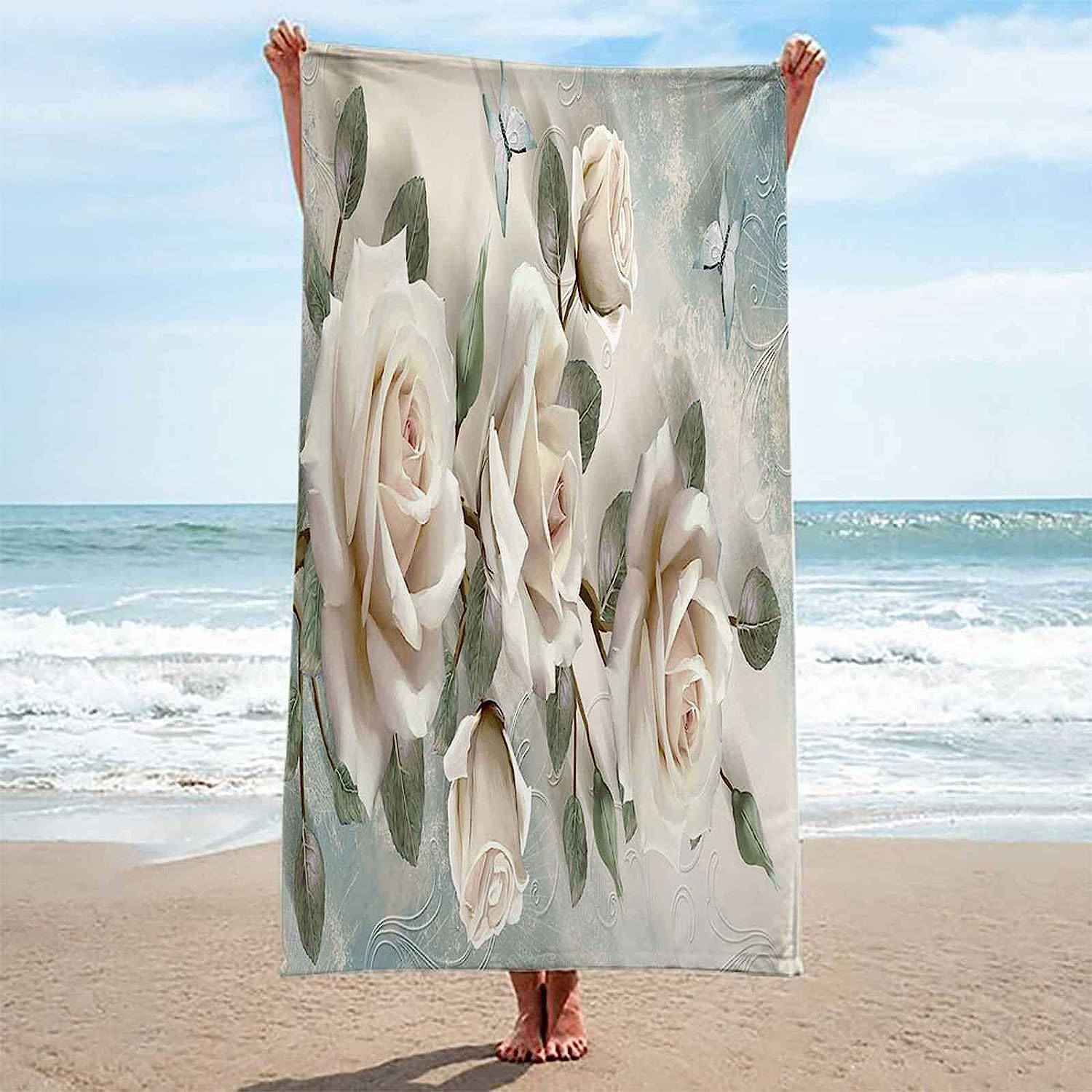 Strandtuch, 3D Drucken Wunderschöne Weiße Rose Mikrofaser Strandtuch Für Erwachsene, Yoga Handtuch, Badehandtuch, Sandfreies Schnelltrocknend Leichtes Handtuch Für Strand Schwimmen XXL 200 X 2-2K5G