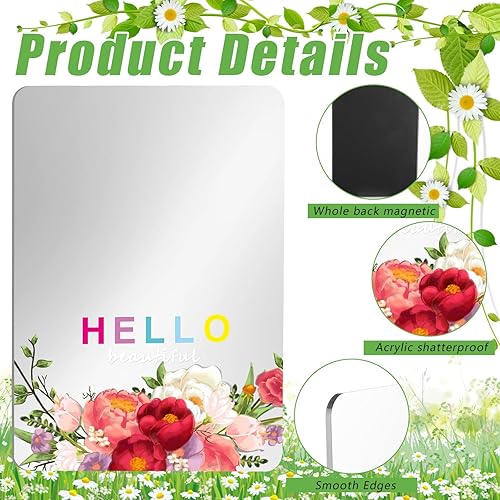 Miniatura 4 de Kigley 2 piezas de espejo magnético floral magnético para casillero Hello Beautiful Decor de 5 x 7 pulgadas, accesorios acrílicos inastillables,