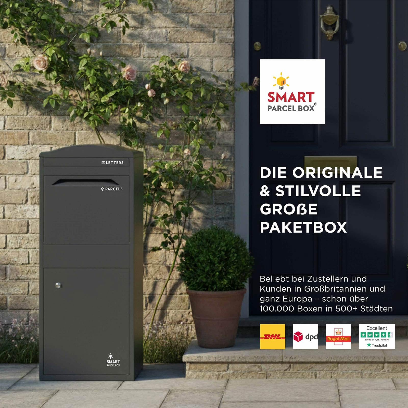 Smart Parcel Box Paketbox L mit Bogendach - Paketbriefkasten, grau | Standbriefkasten mit Paketfach, Paketbox draußen wetterfest, Front-Entnahme, verzinkter Stahl, rostfrei, pulverbeschichtet