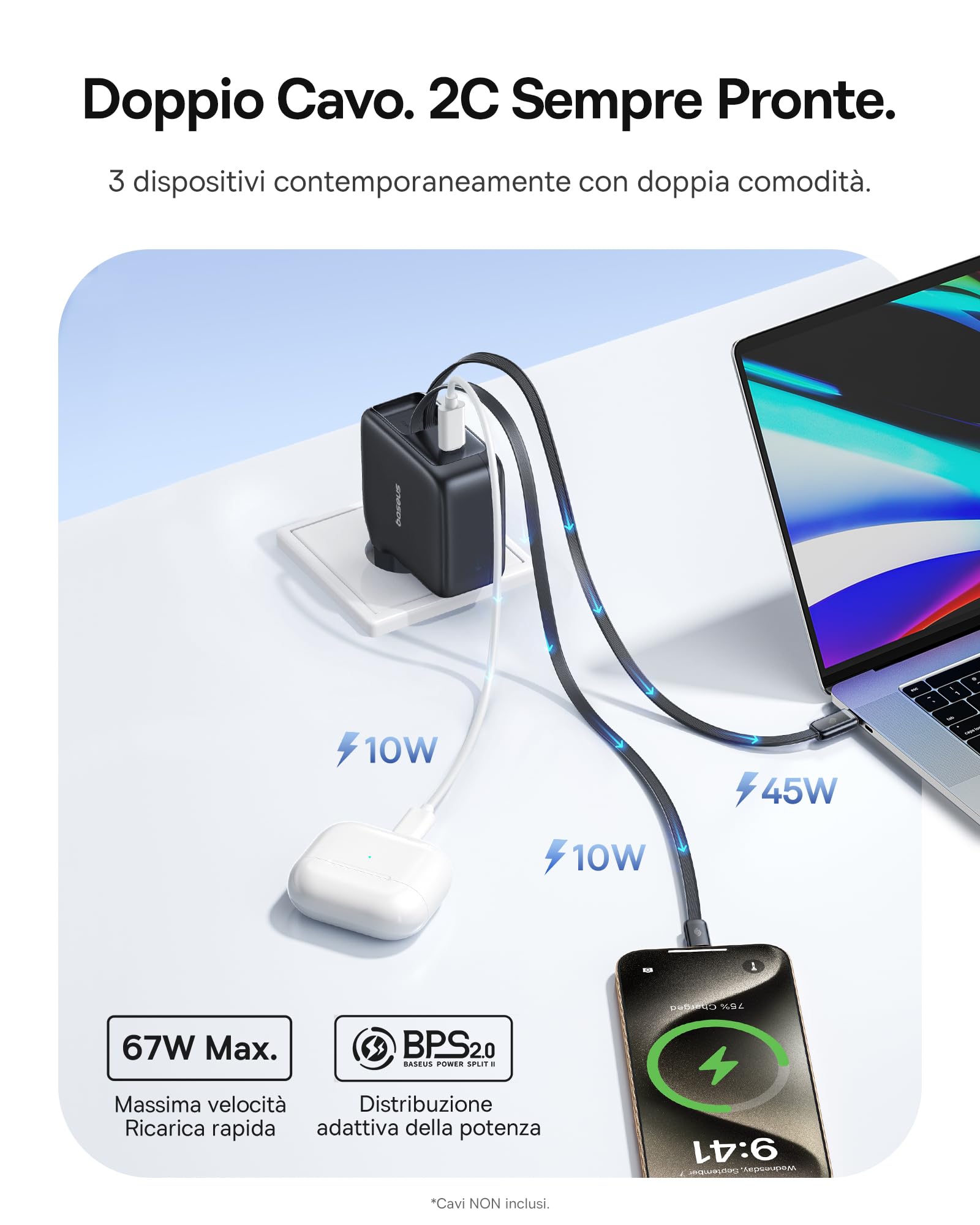 Baseus Enercore Caricatore USB C 67W Con 2X Cavi Arrotolabile, Alimentatore GaN Con Porta USB-C, Caricatore Rapido Compatto Compatibile Con MacBook Pro, HP, Dell, iPad Pro, iPhone 16 Pro, Galaxy S25