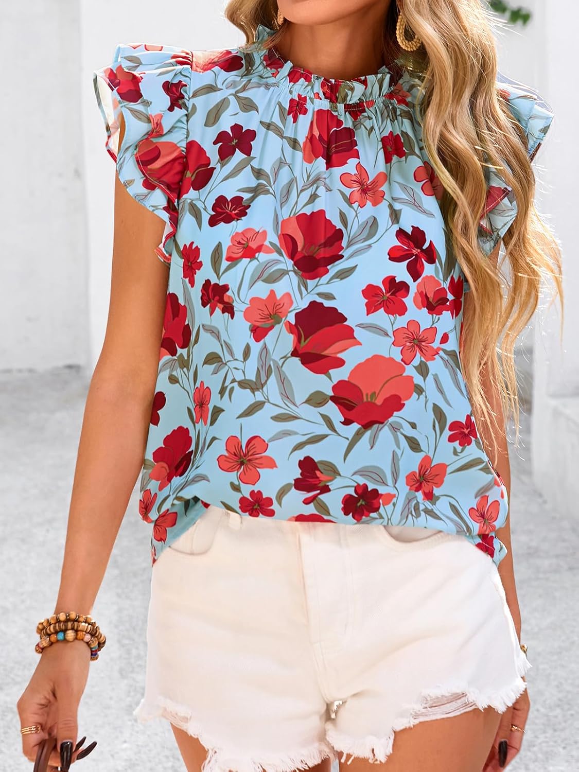 PRETTYGARDEN Women's Ruffle Short Sleeve Summer Tops 2026 Trendy Floral Trim Neck Casual Dressy Chiffon Boho Blouses Shirts - Image 2